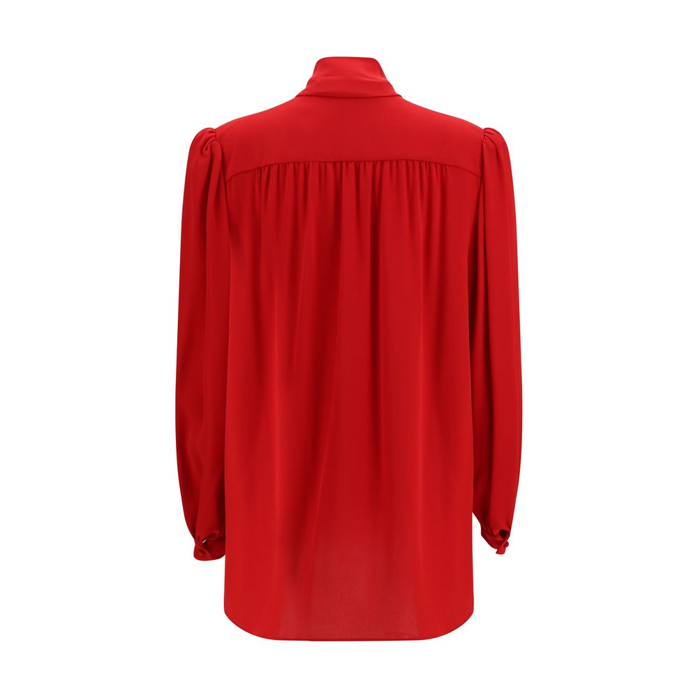 Valentino Garavani Red Silk Georgette Blouse with Balloon Sleeves & Pussy-Bow Tie