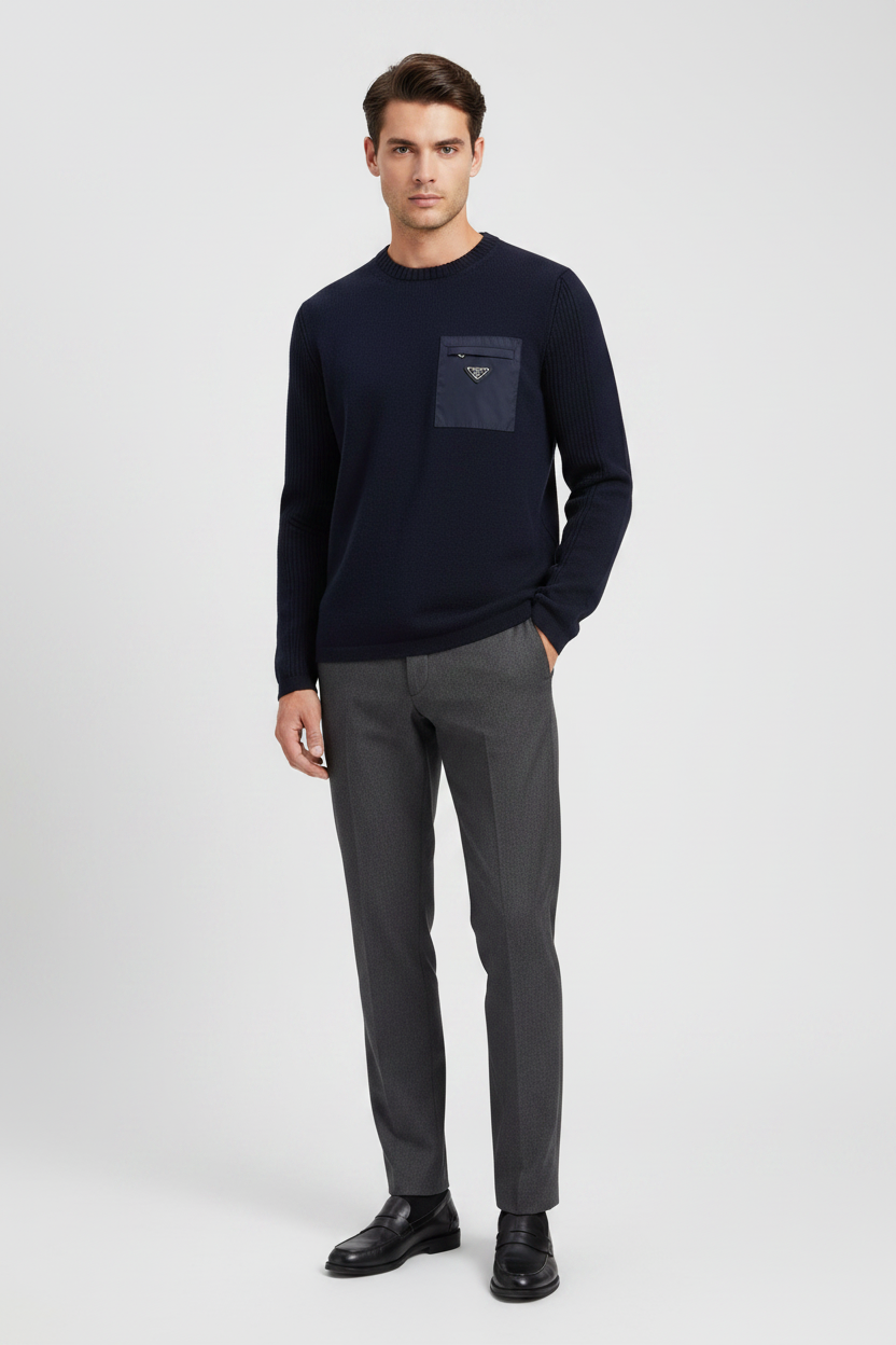 Prada Blue Virgin Wool Crew Neck Sweater with Metal Triangle Logo & Chest Pocket