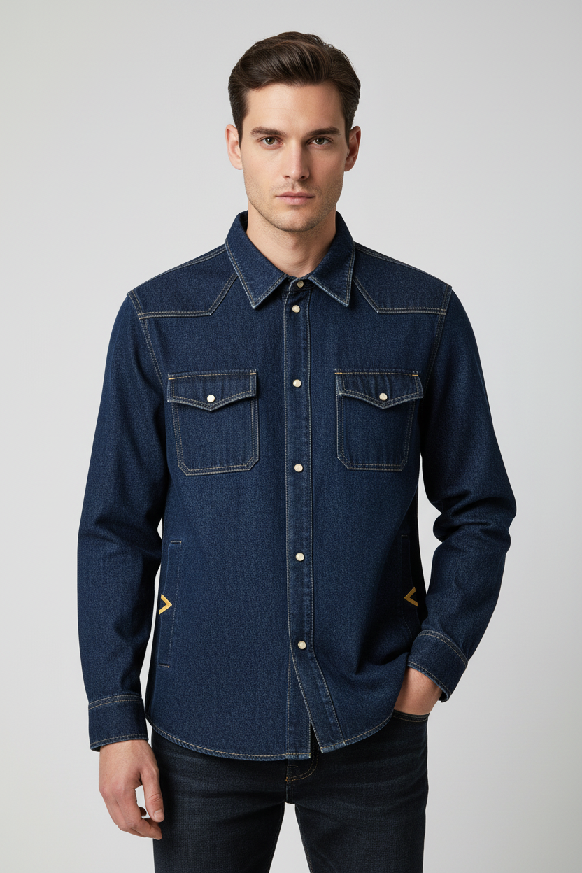 Valentino Garavani Blue Cotton Denim Western Shirt with 'VGold' Metal Detail & Snap Buttons