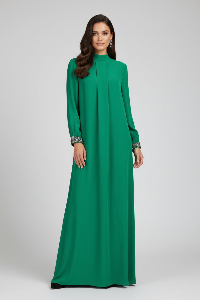 Valentino Garavani Green Silk Cady Couture Floor-Length Dress with Crystal Embroidered Cuffs