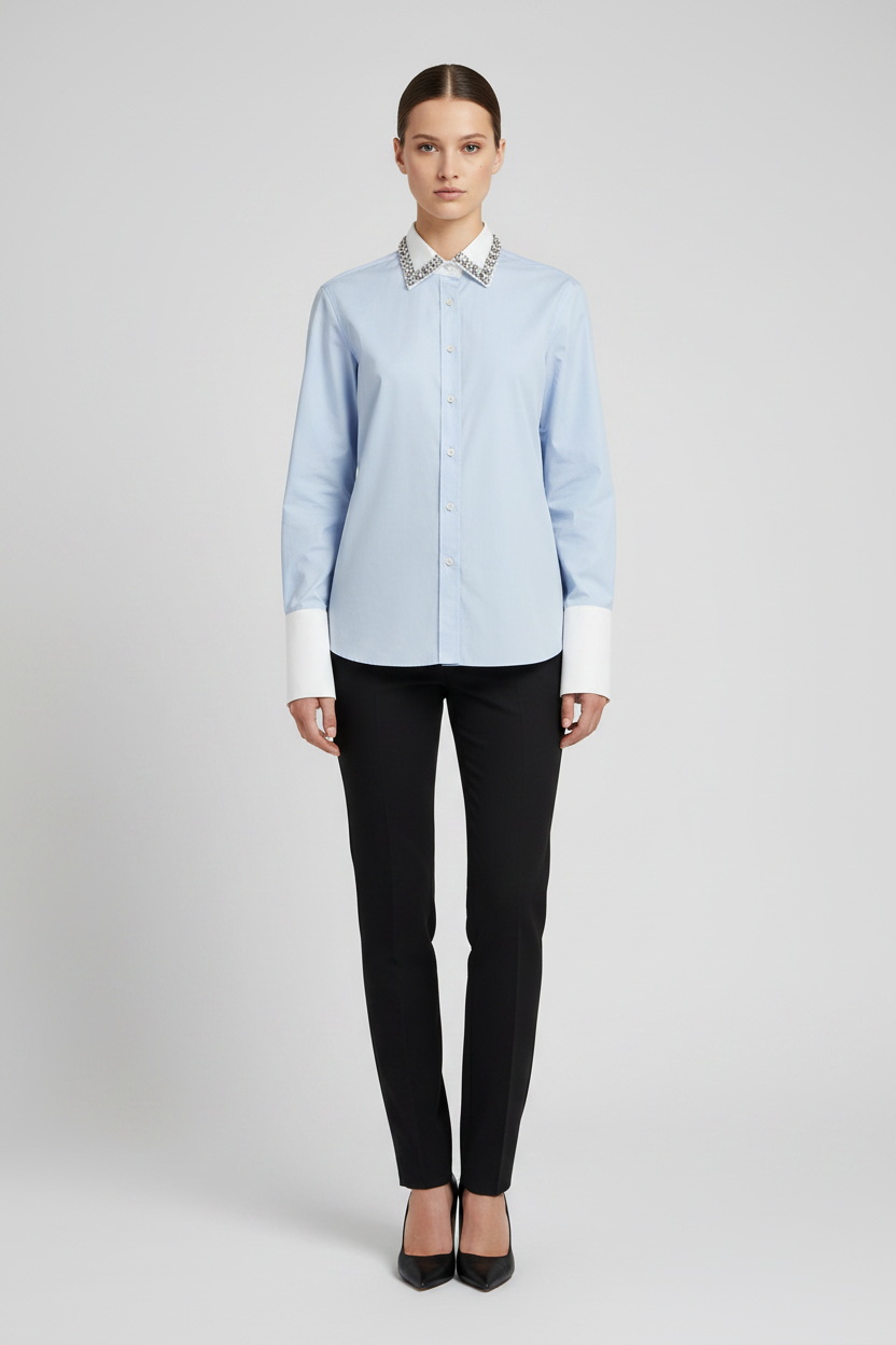 Prada Blue Cotton Dress Shirt Jewel-Embellished Collar High Contrast Cuffs AW26