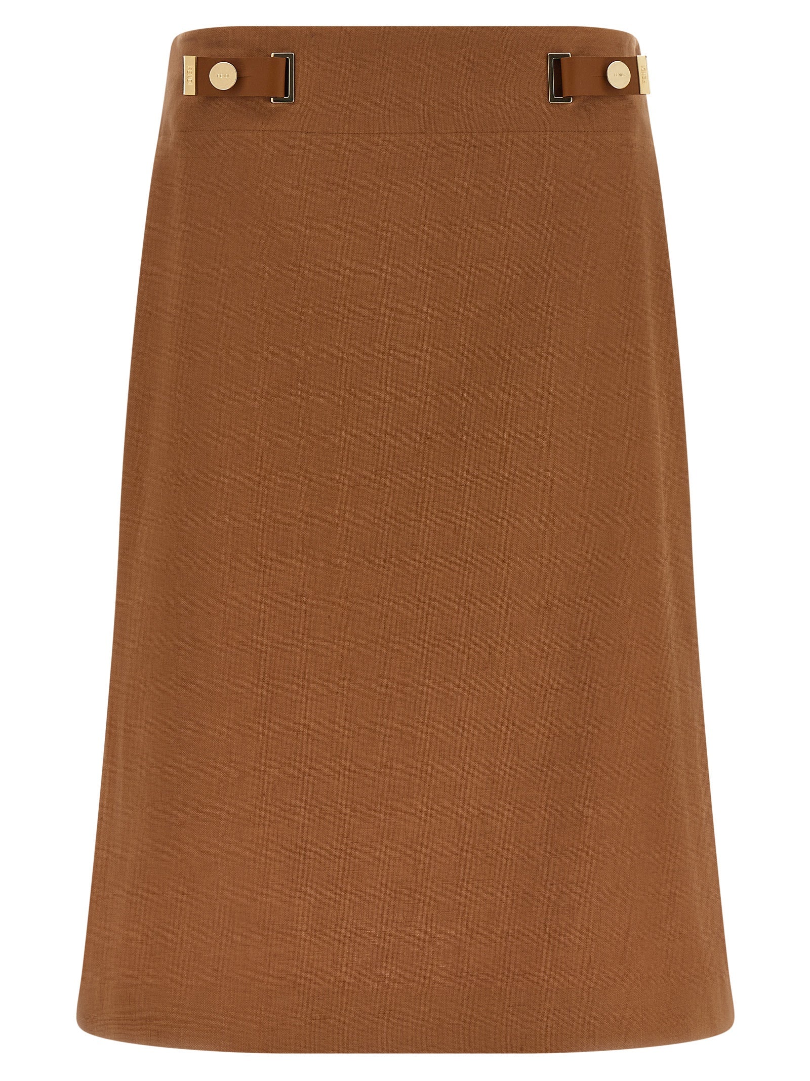 Fendi Flared Midi Skirt — Tobacco Brown Linen & Cotton