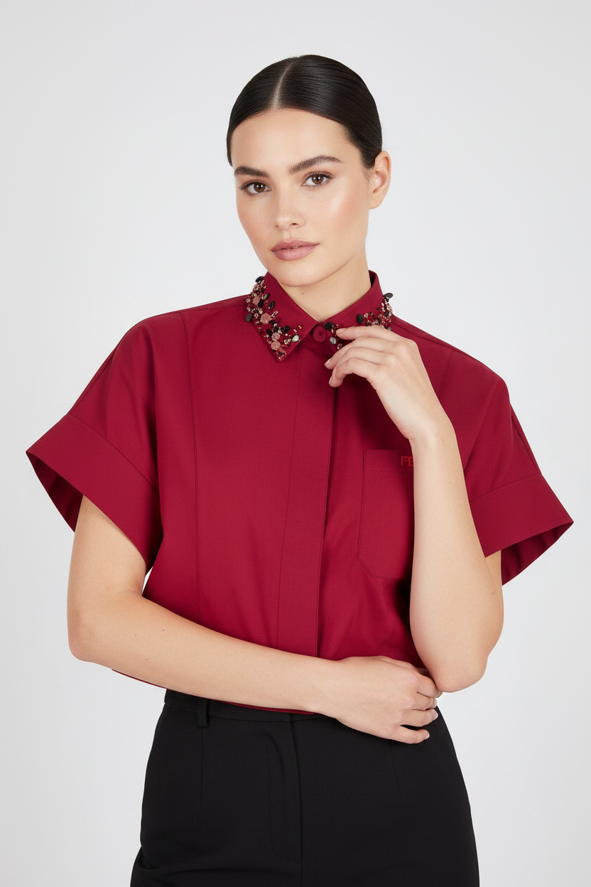 Fendi Fuchsia Cotton Poplin Crop Shirt with Sequin & Rhinestone Embellished Collar