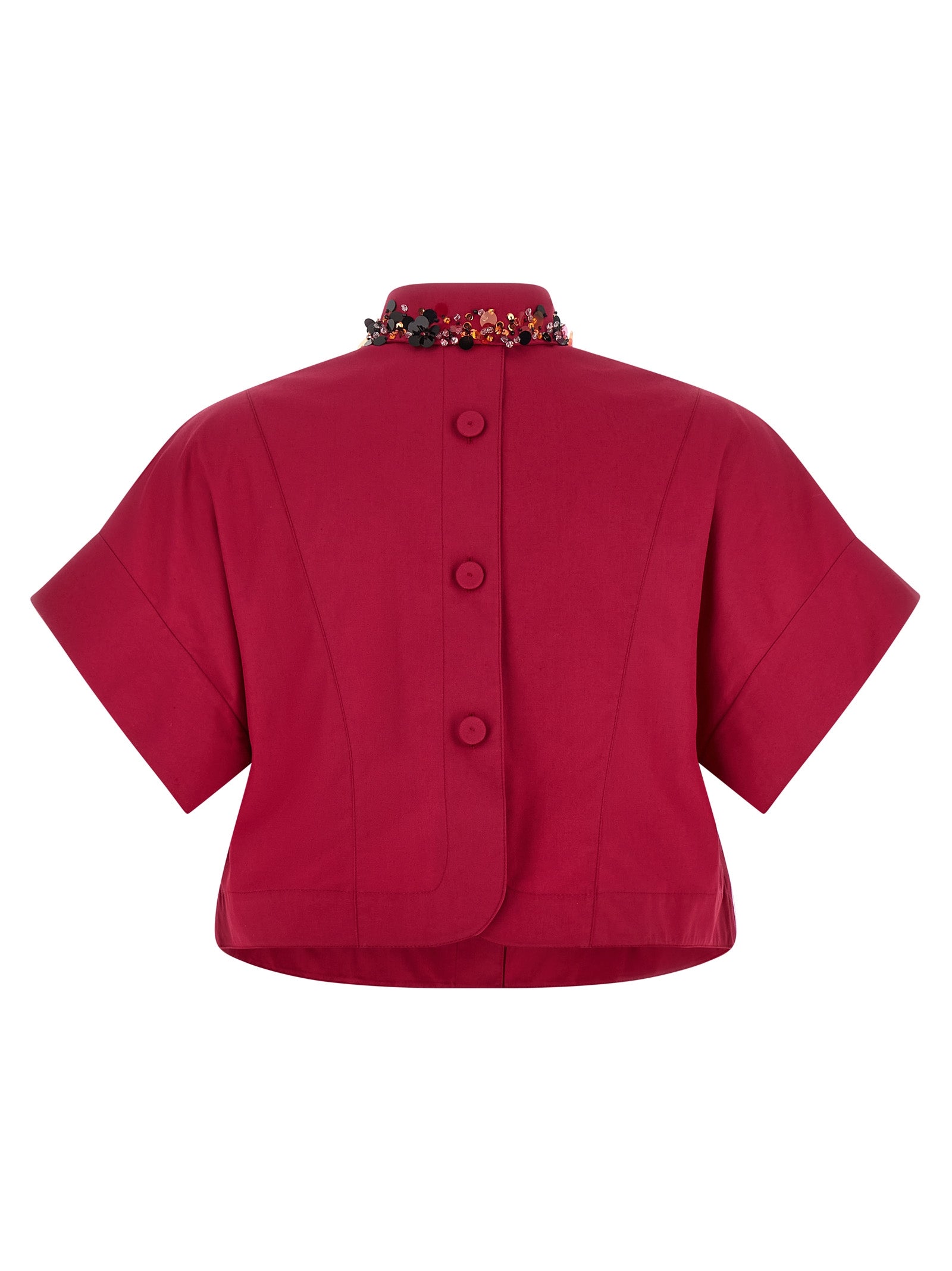 Fendi Fuchsia Cotton Poplin Crop Shirt with Sequin & Rhinestone Embellished Collar