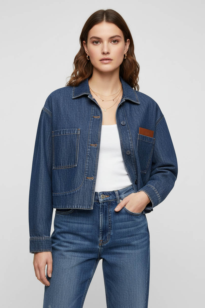 Fendi Navy Blue Chambray Cotton Cropped Denim Jacket with Tobacco Stitching & Leather Maxi Patch