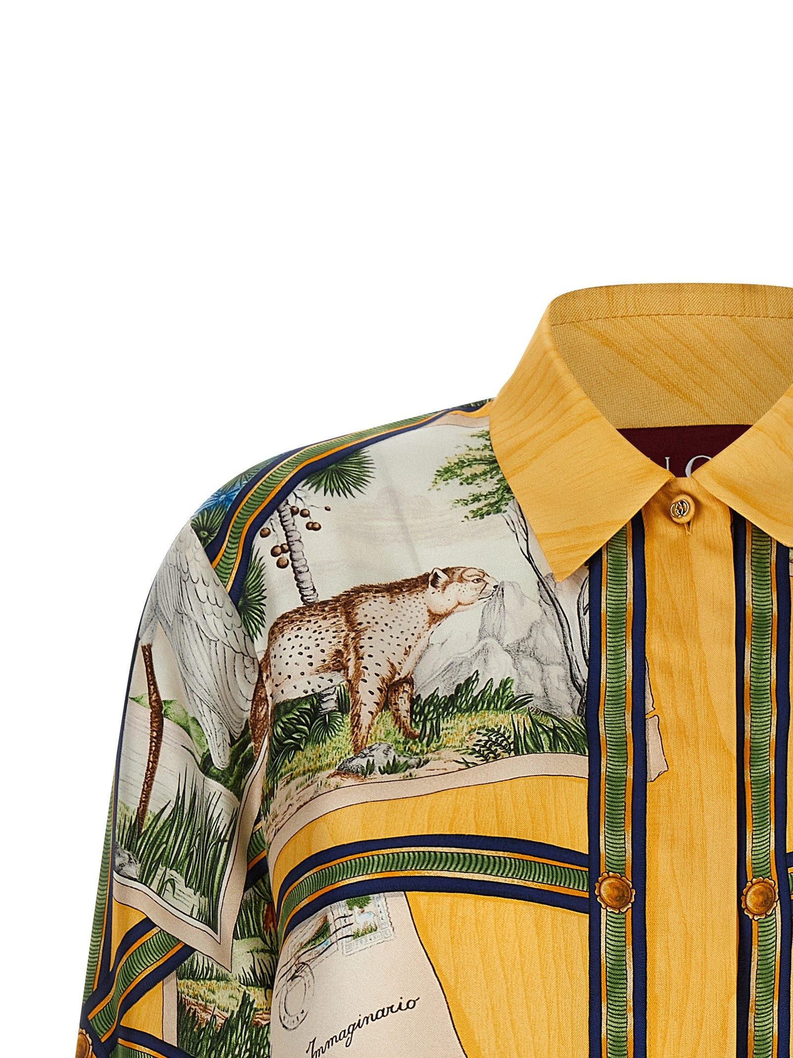Gucci Yellow Silk Twill Nature Print Shirt with Animal & Tropical Landscape Motifs
