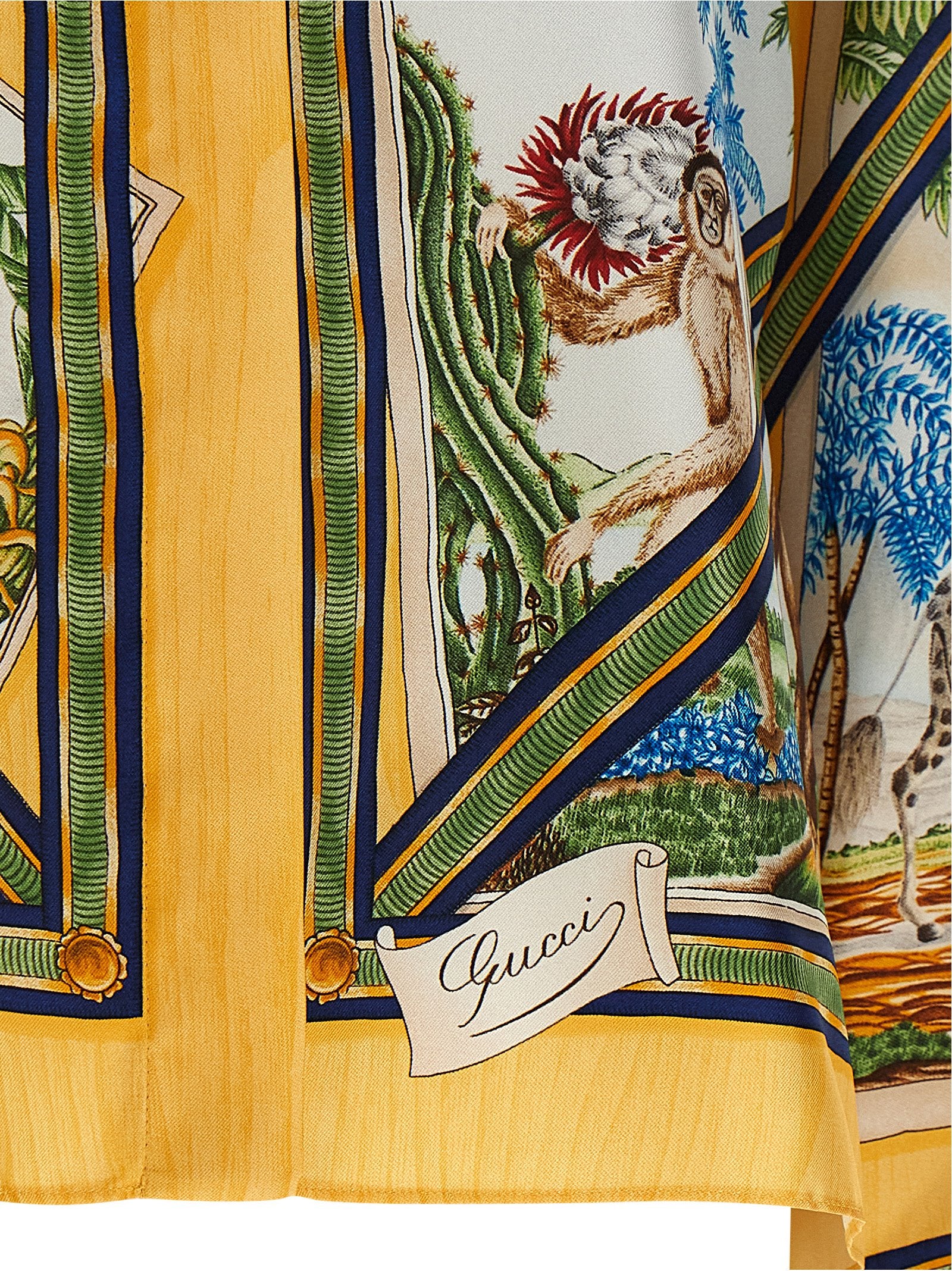 Gucci Yellow Silk Twill Nature Print Shirt with Animal & Tropical Landscape Motifs