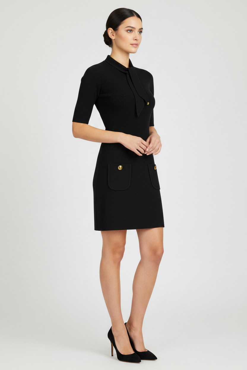 Elisabetta Franchi Black Ribbed Knit Short Dress with Gold Logo Buttons & Scarf Detail