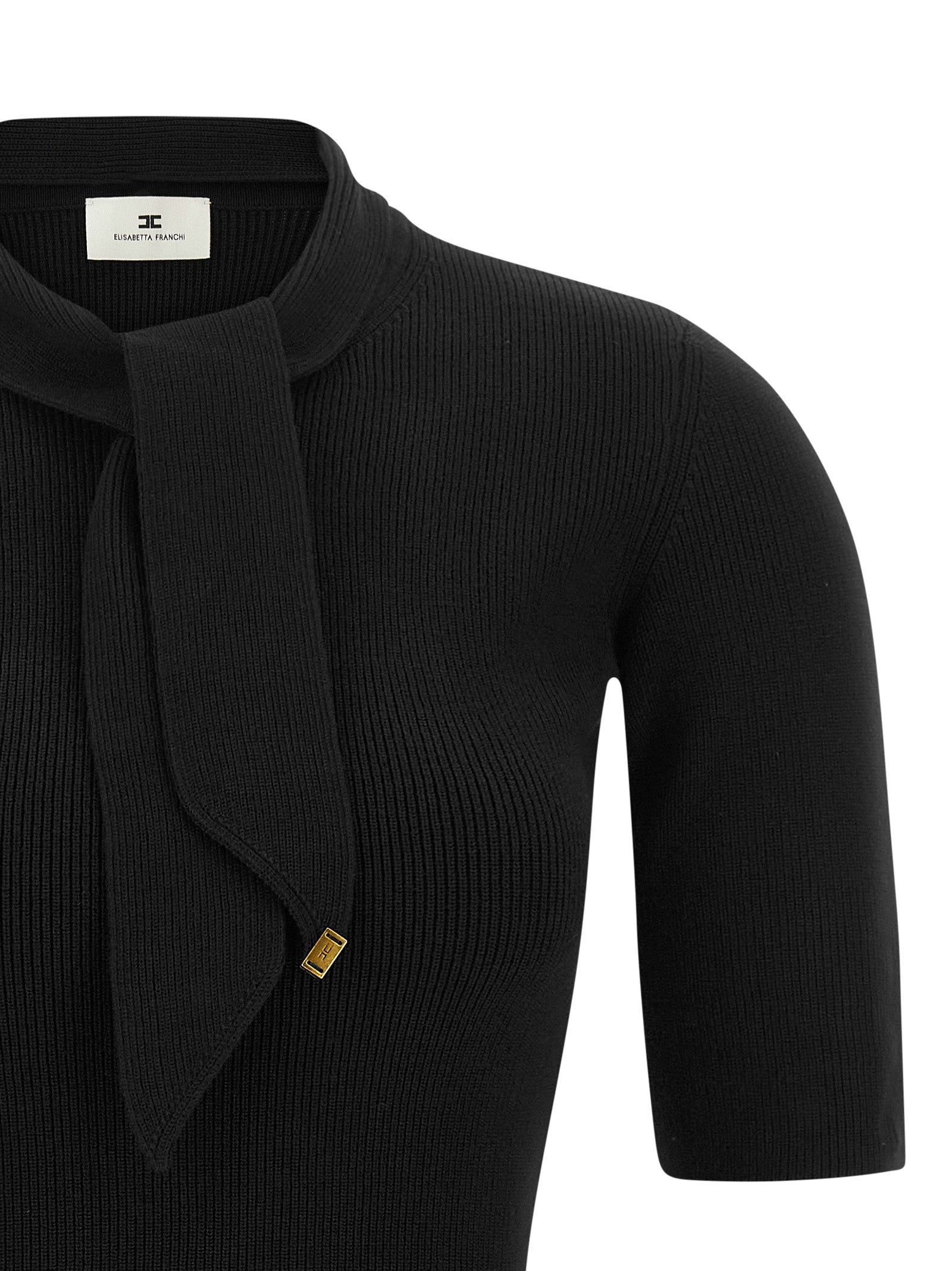 Elisabetta Franchi Black Ribbed Knit Short Dress with Gold Logo Buttons & Scarf Detail