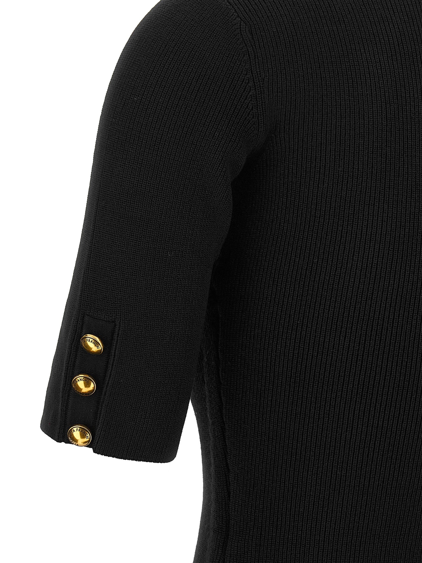 Elisabetta Franchi Black Ribbed Knit Short Dress with Gold Logo Buttons & Scarf Detail