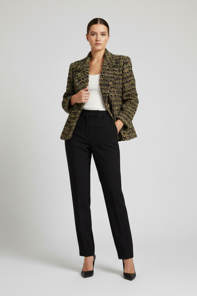 Saint Laurent Khaki Multicolor Merino Wool Tweed Short Jacket with Cassandre Button