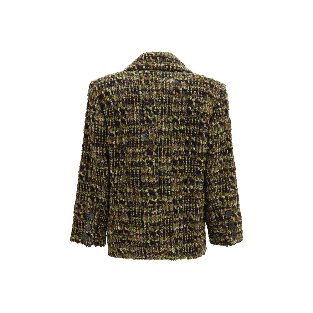 Saint Laurent Khaki Multicolor Merino Wool Tweed Short Jacket with Cassandre Button
