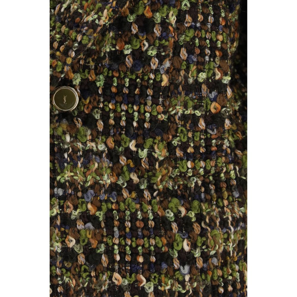 Saint Laurent Khaki Multicolor Merino Wool Tweed Short Jacket with Cassandre Button