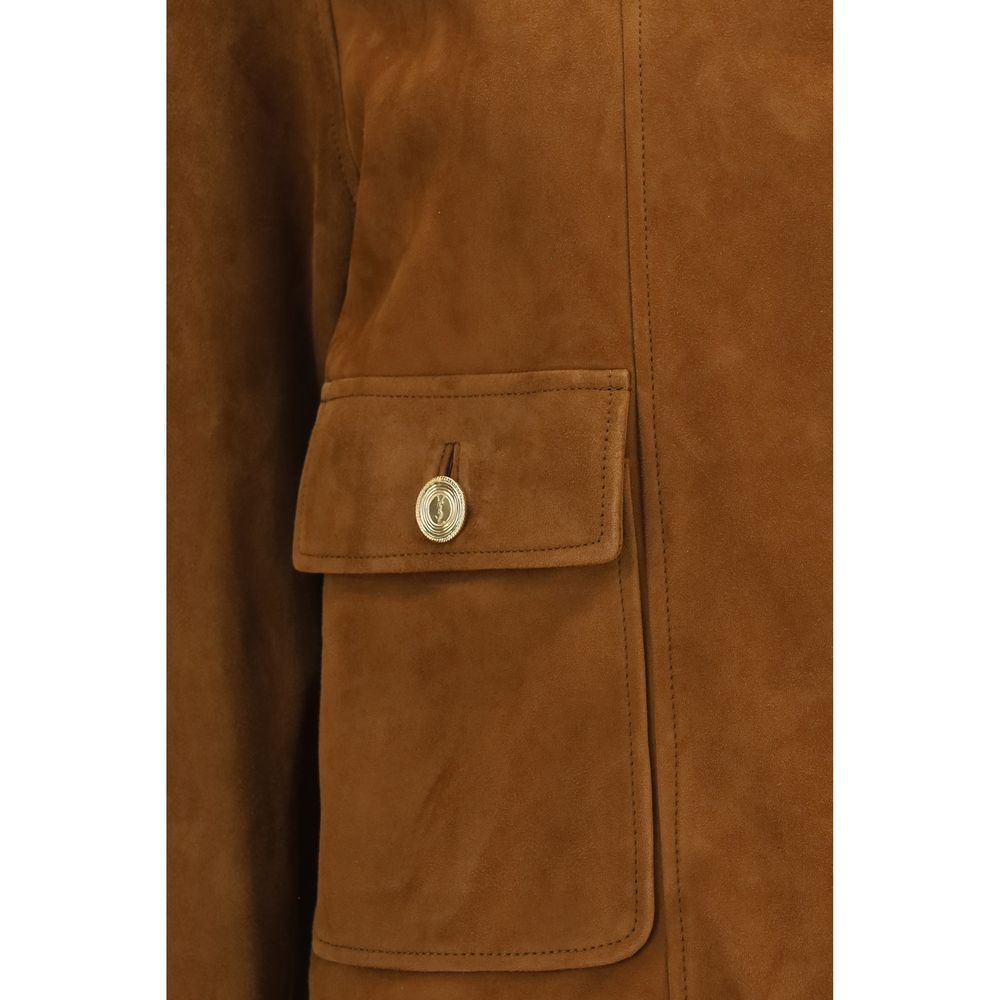 Saint Laurent Brown Lambskin Suede Short Jacket with Cassandre Medallion Buttons
