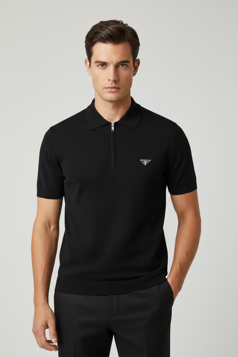 Prada Black Virgin Wool Half-Zip Polo Shirt with Contrasting Brand Monogram