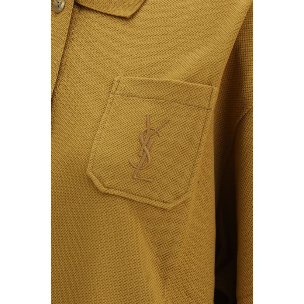 Saint Laurent 'Cassandre' Khaki Cotton Piqué Oversized Polo Shirt with Embroidered Logo