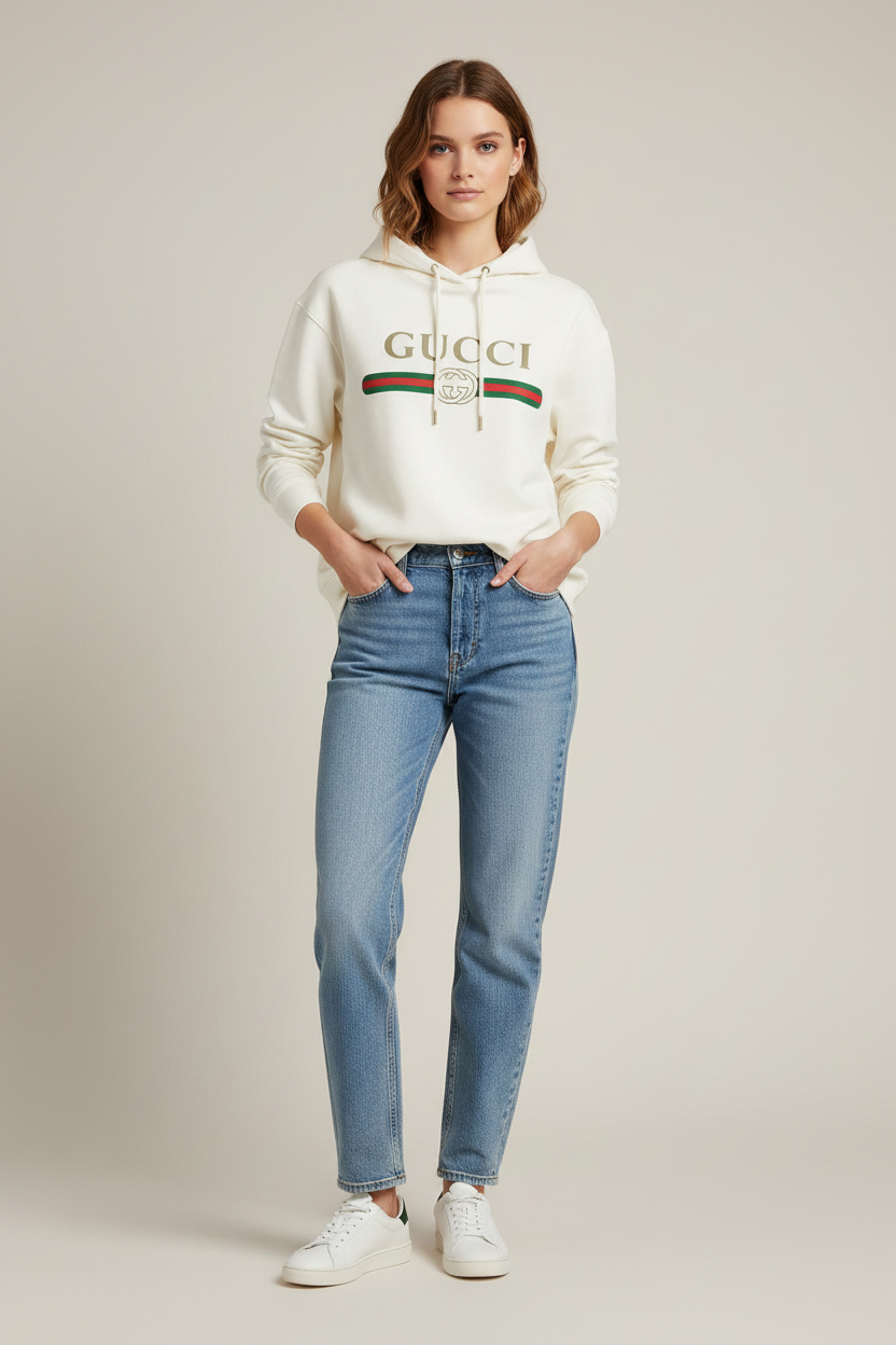 Gucci White Cotton & Cashmere Hoodie with Web Print & GG Interlocking Motif