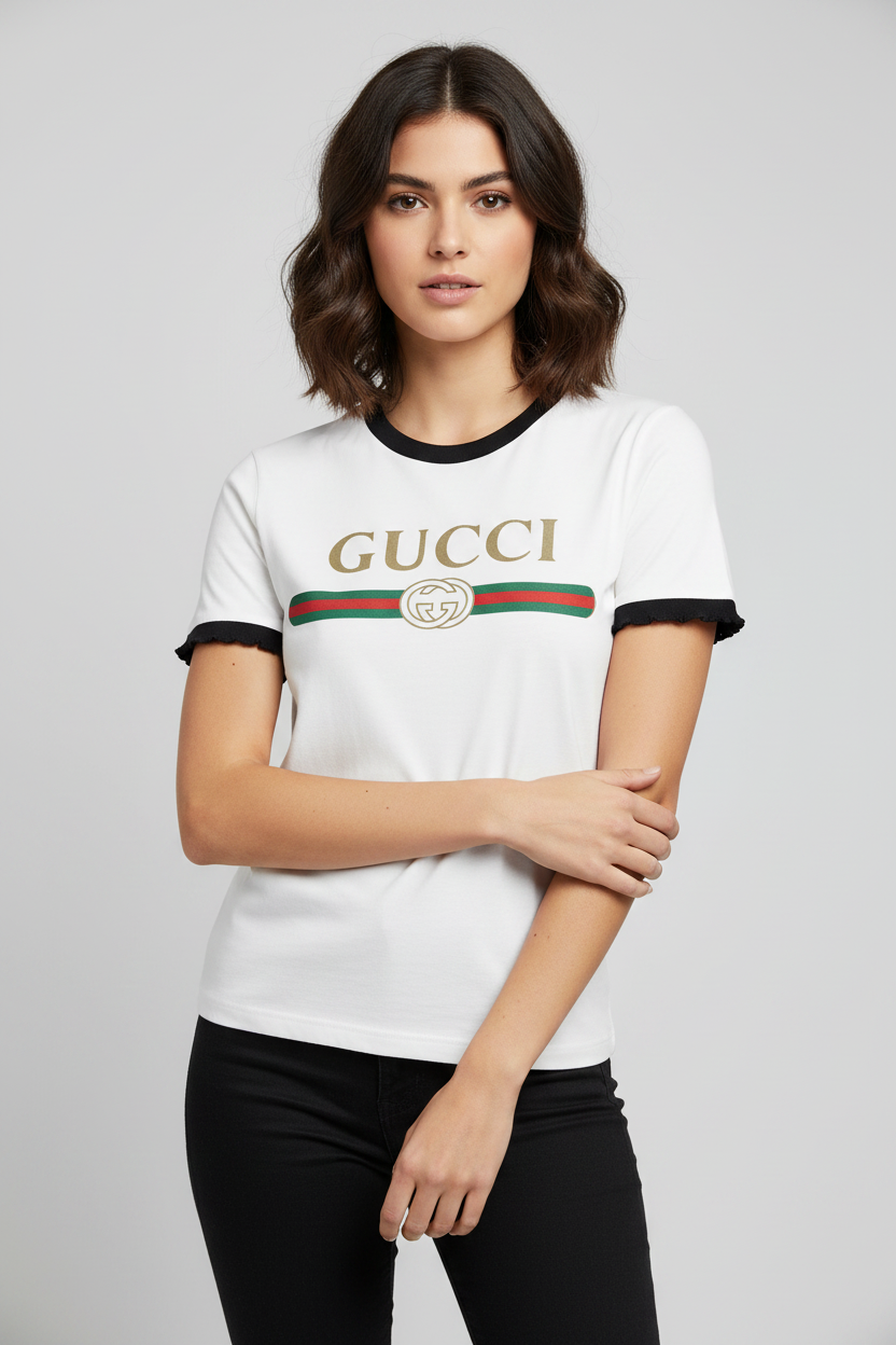 Gucci White Cotton Jersey T-Shirt with Web Print, GG Interlocking Motif & Ruffle Sleeves