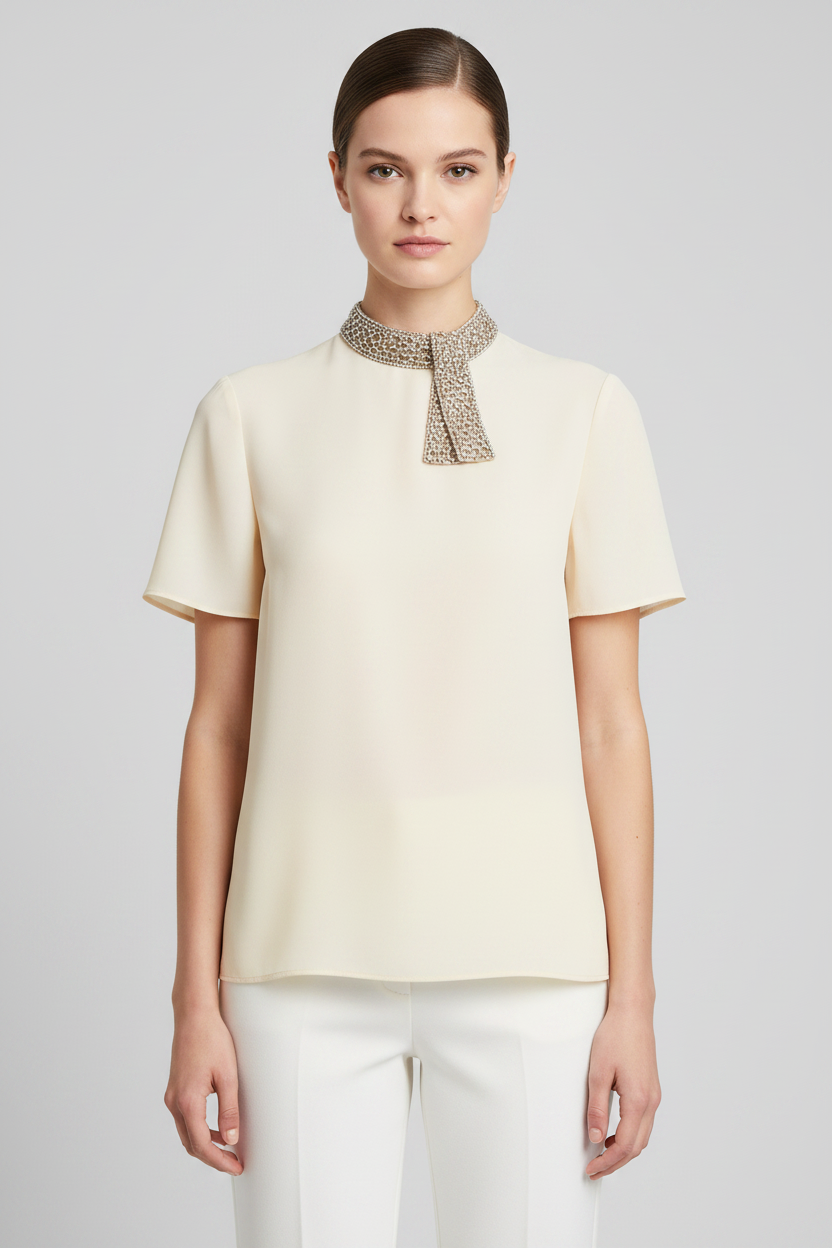 Valentino Garavani White Silk Crêpe de Chine Top with Crystal Mesh Collar & Scarf Detail
