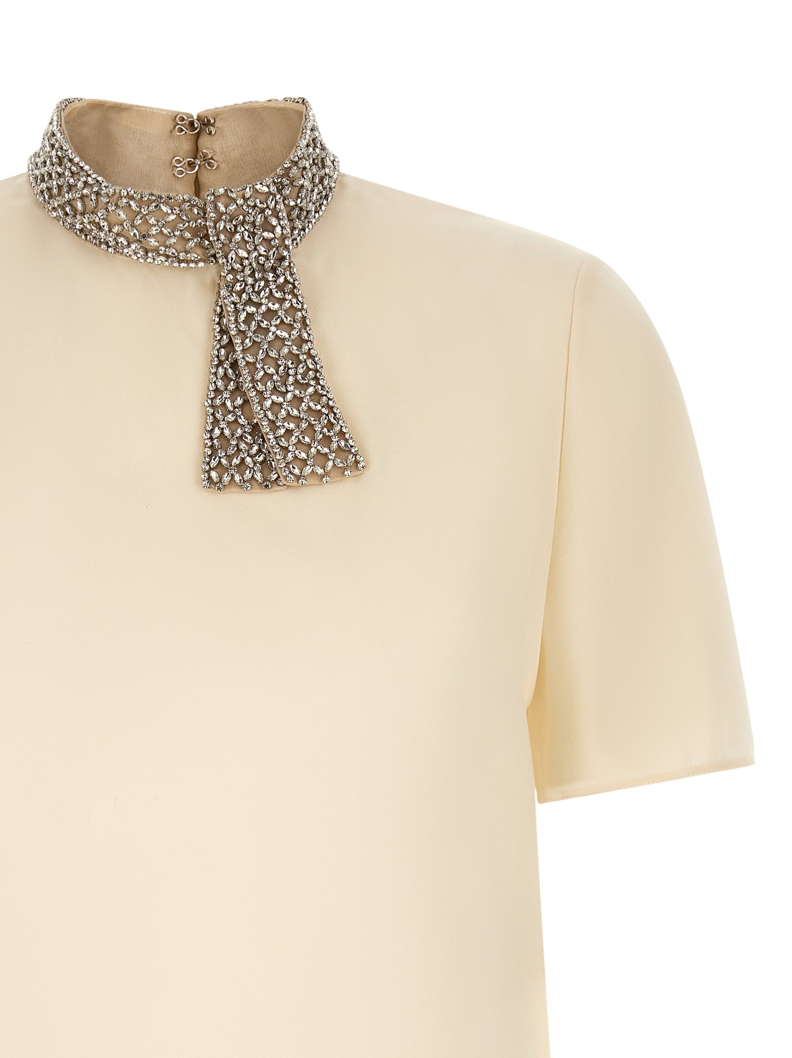 Valentino Garavani White Silk Crêpe de Chine Top with Crystal Mesh Collar & Scarf Detail