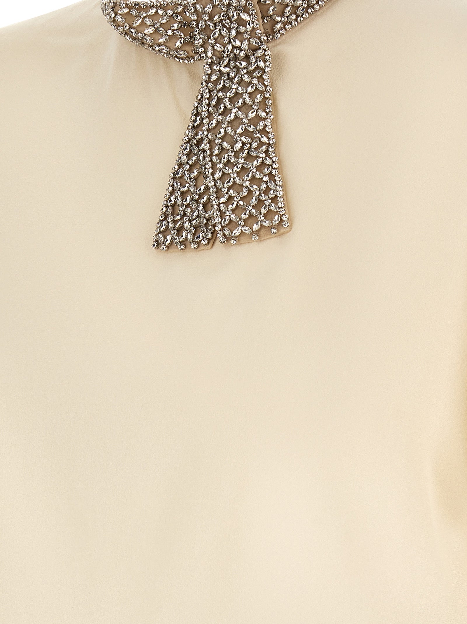 Valentino Garavani White Silk Crêpe de Chine Top with Crystal Mesh Collar & Scarf Detail