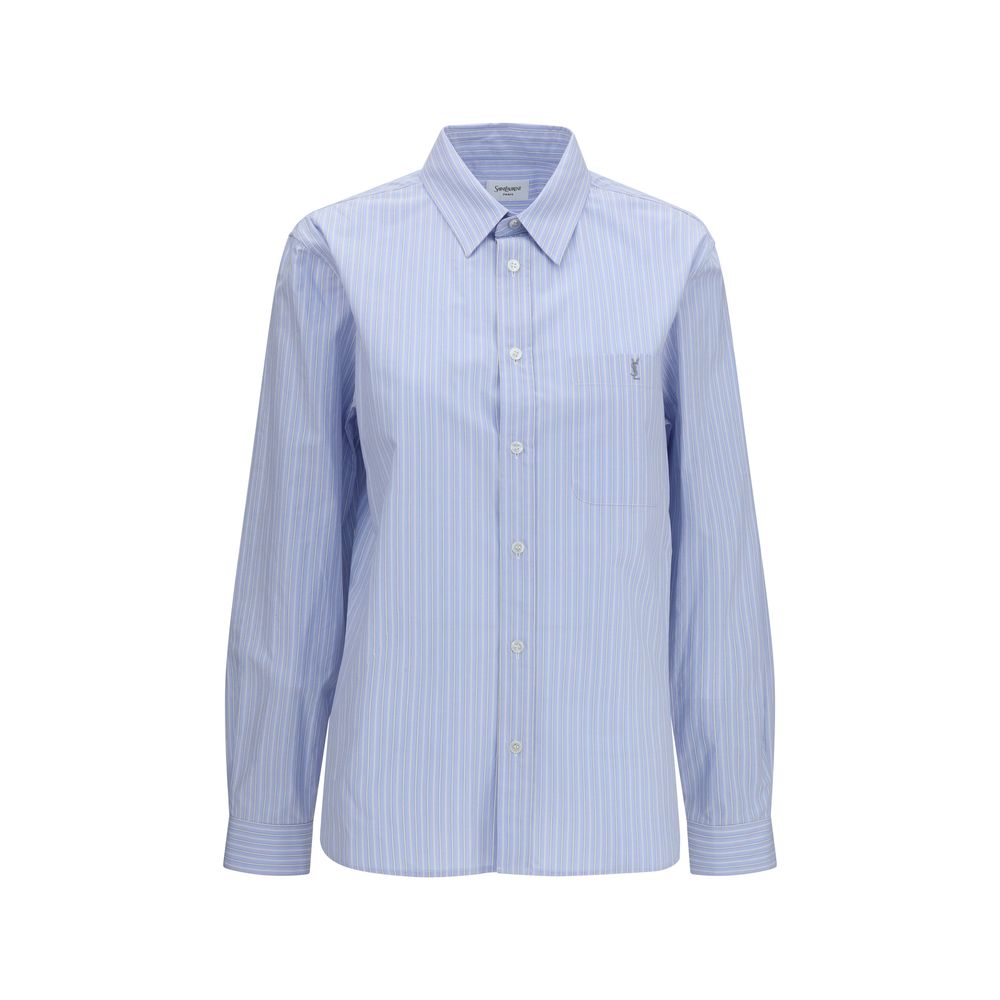 Saint Laurent 'Cassandre' Blue Striped Cotton Poplin Shirt with Embroidered Logo