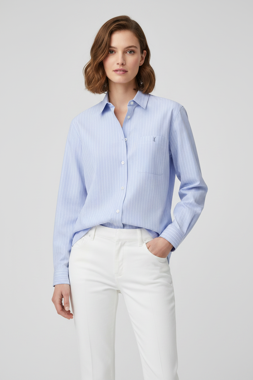 Saint Laurent 'Cassandre' Blue Striped Cotton Poplin Shirt with Embroidered Logo