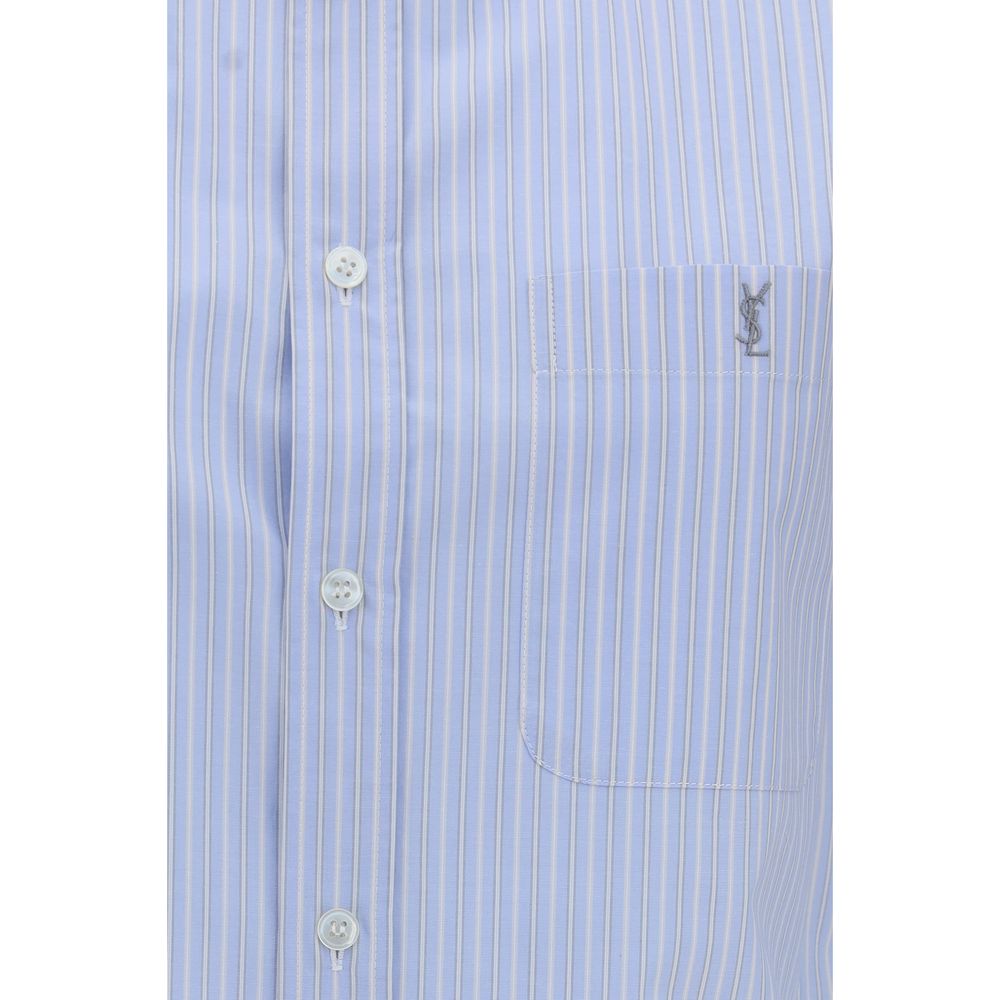 Saint Laurent 'Cassandre' Blue Striped Cotton Poplin Shirt with Embroidered Logo