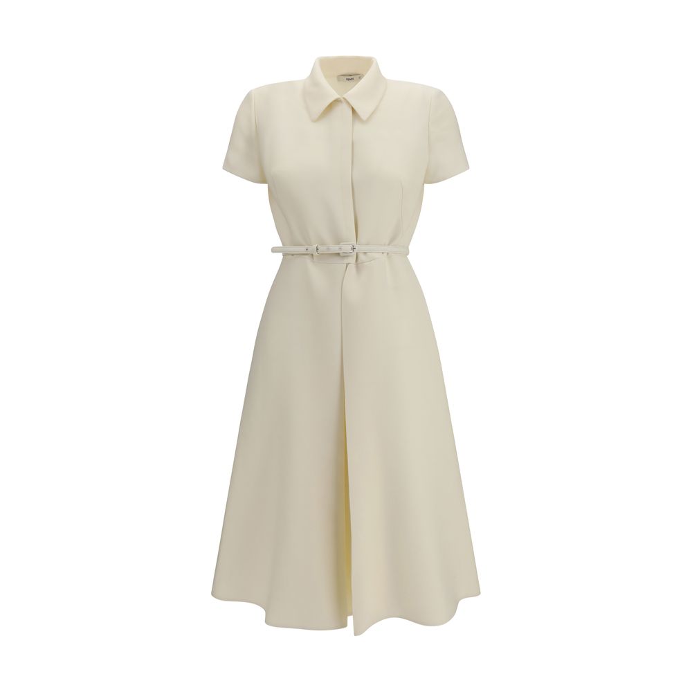 Fendi Beige Wool & Silk A-Line Long Dress with Shirt Collar & Fabric Belt