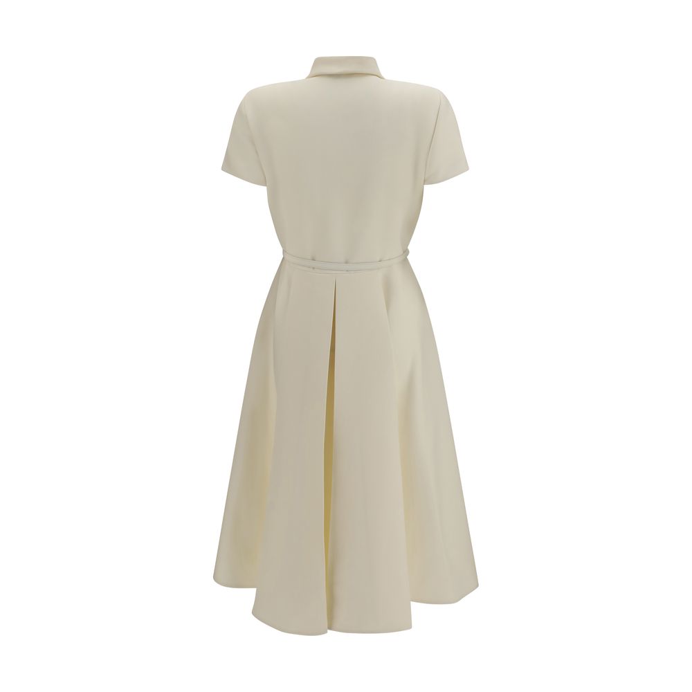 Fendi Beige Wool & Silk A-Line Long Dress with Shirt Collar & Fabric Belt