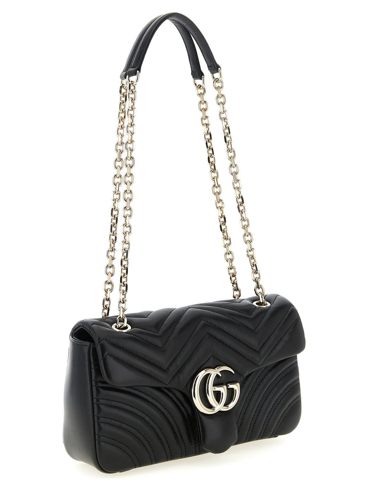 Gucci GG Marmont Black Chevron Matelassé Lambskin Shoulder Bag Doppia G Chain Strap Rosso Ancora Lining Women