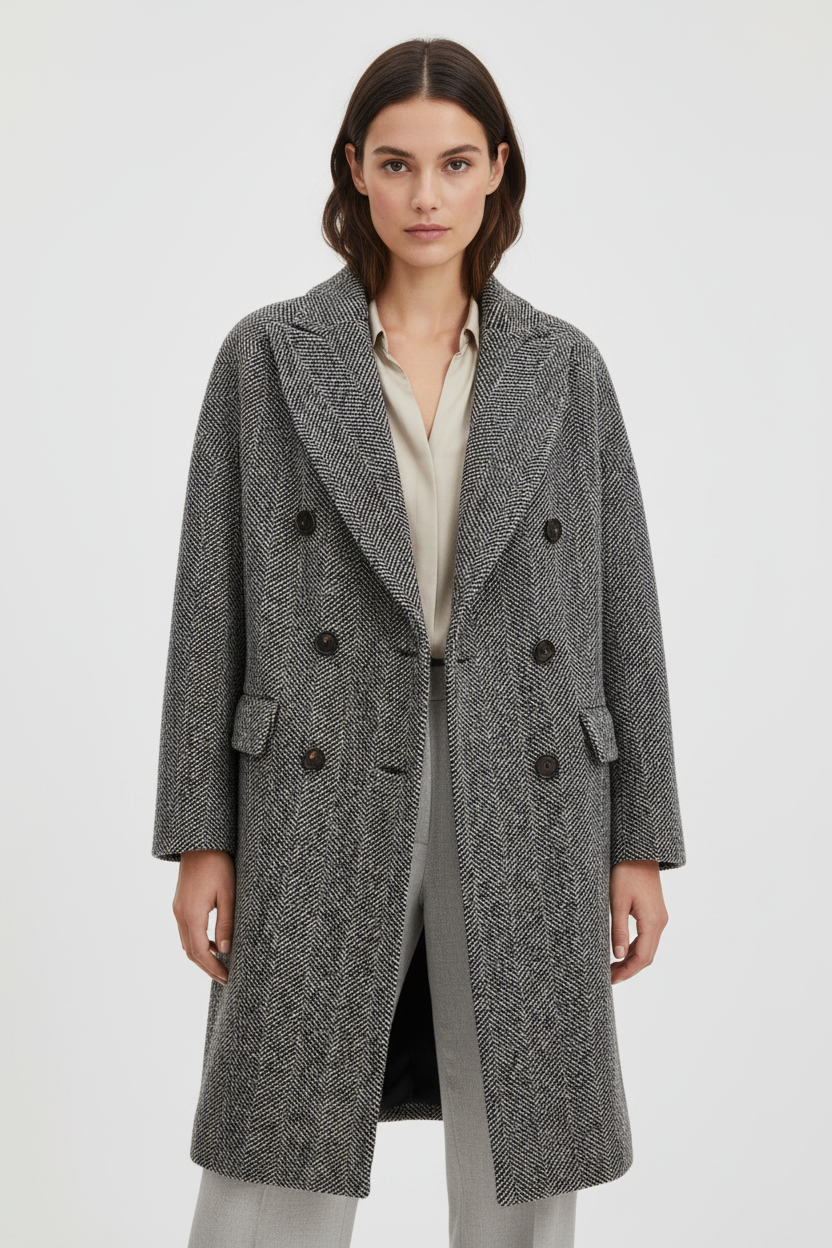 Brunello Cucinelli Gray Virgin Wool Alpaca Double-Breasted Coat Chevron Micro Sequins Horn Buttons