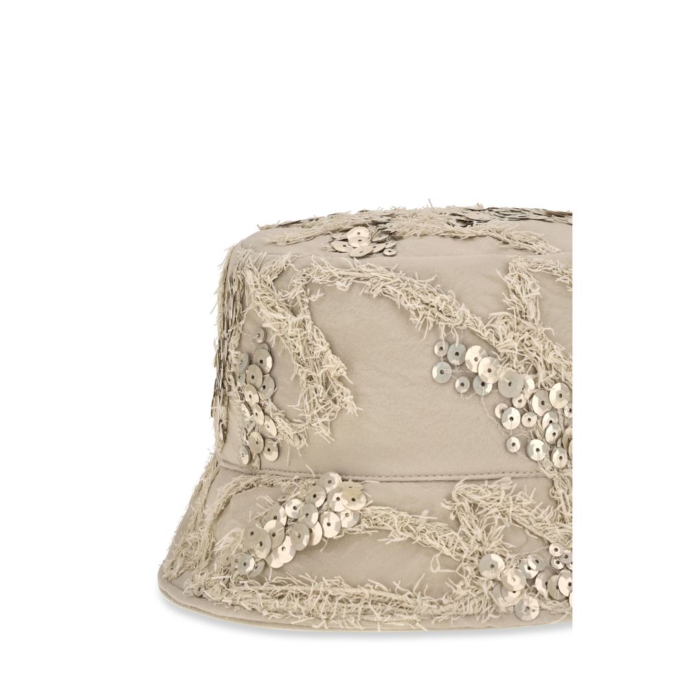 Brunello Cucinelli Beige Silk Bucket Hat Floral Sequin Embroidery Tonal SS26