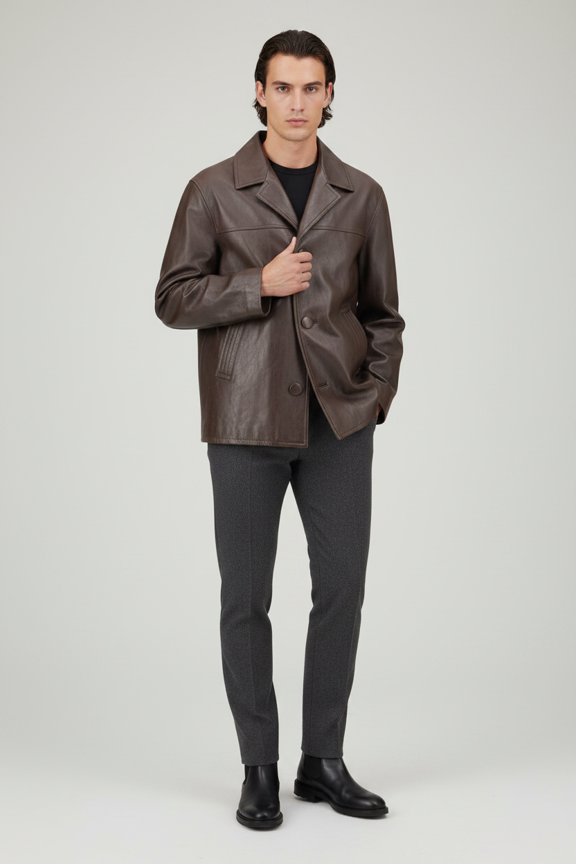 Prada Brown Lambskin Caban Leather Jacket Triangle Logo Patch Oversize AW26