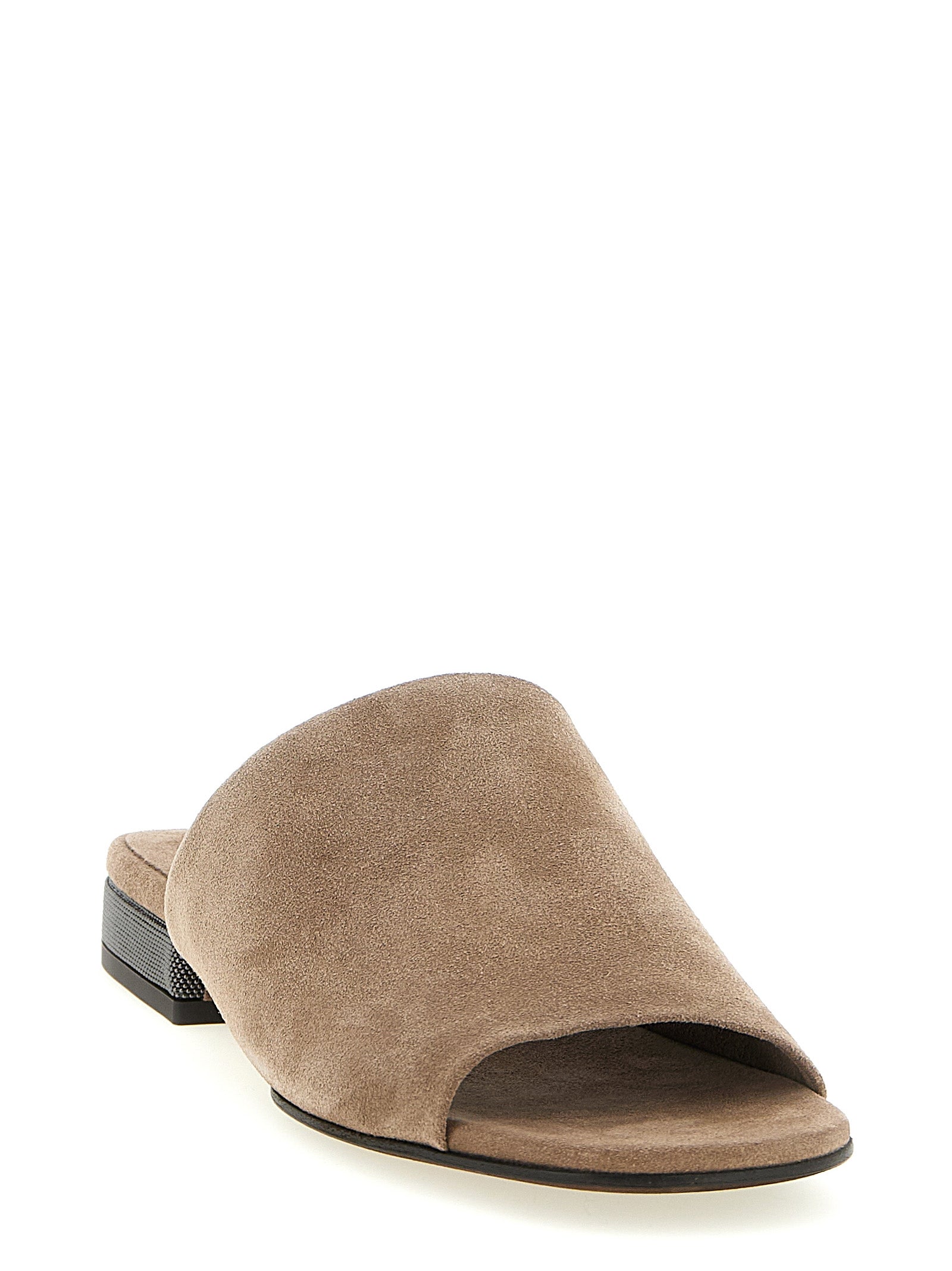 Brunello Cucinelli Brown Calfskin Suede Slides Monile Heel Women
