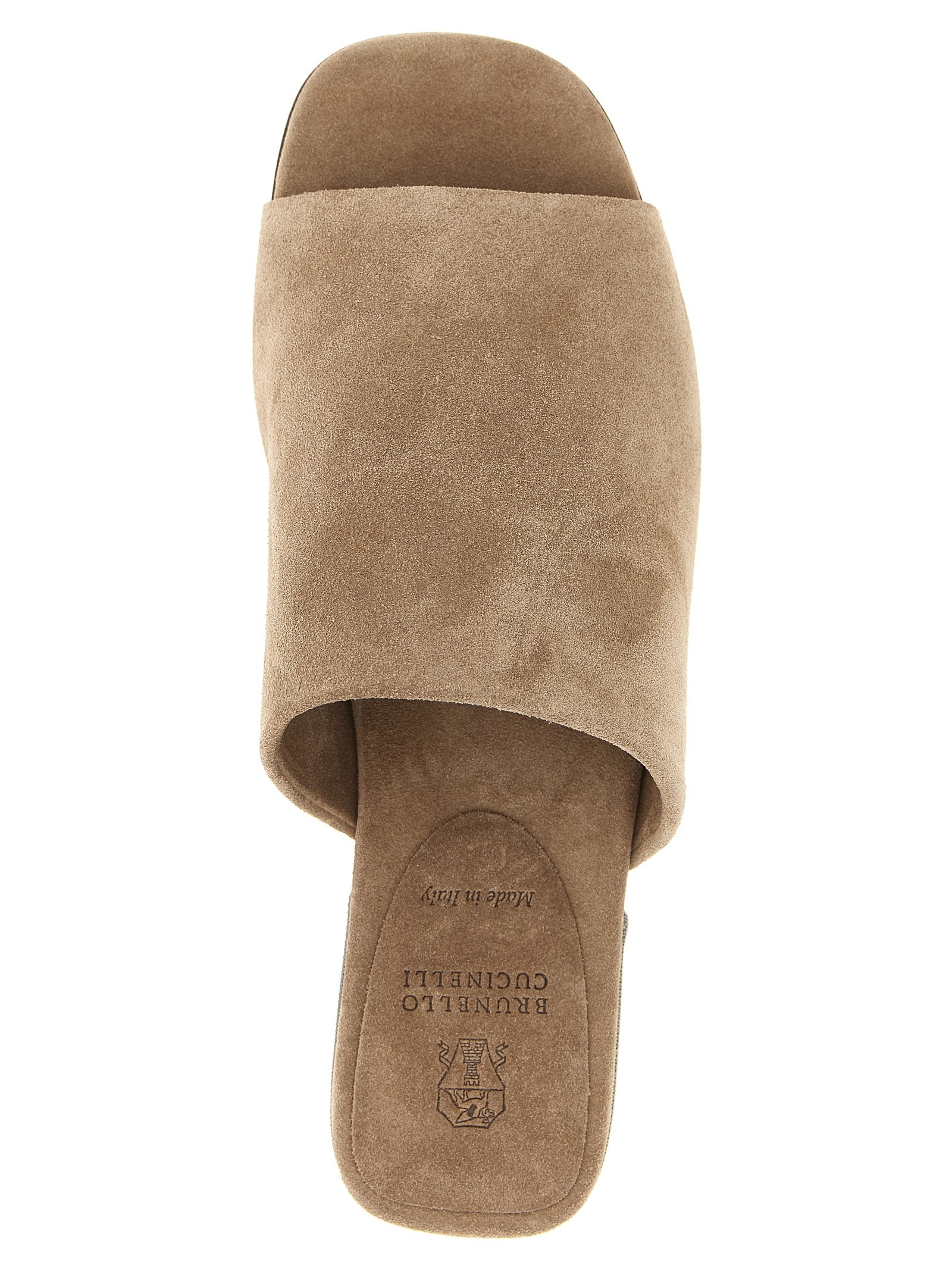 Brunello Cucinelli Brown Calfskin Suede Slides Monile Heel Women