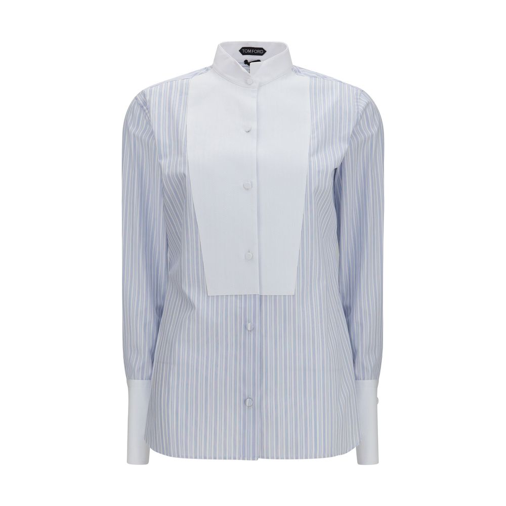 Tom Ford Blue Cotton Striped Bowling Collar Shirt Pearl Buttons Contrast Patch AW26