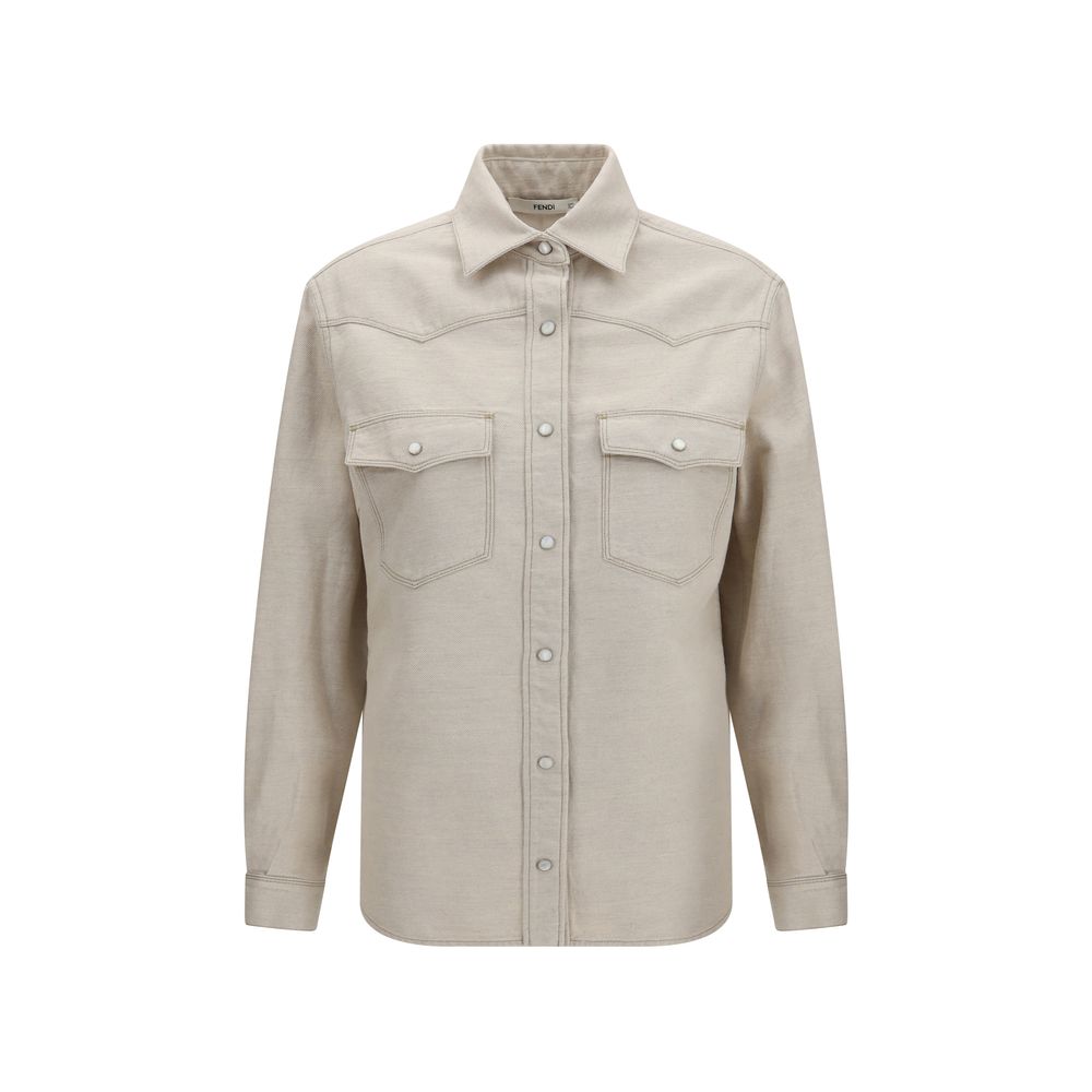 Fendi Selleria Beige Organic Cotton Linen Denim Western Shirt Silver Buttons AW26