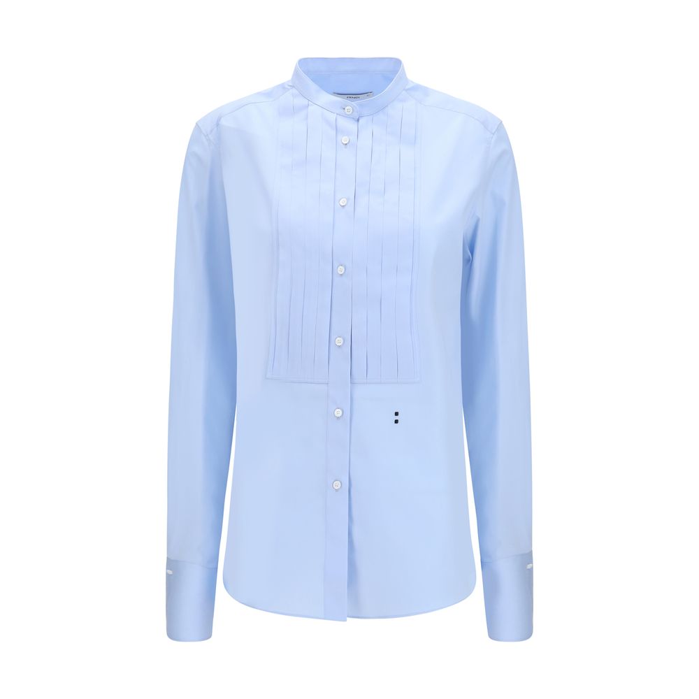 Fendi Blue Cotton Poplin Dress Shirt Doppio Punto Embroidery AW26