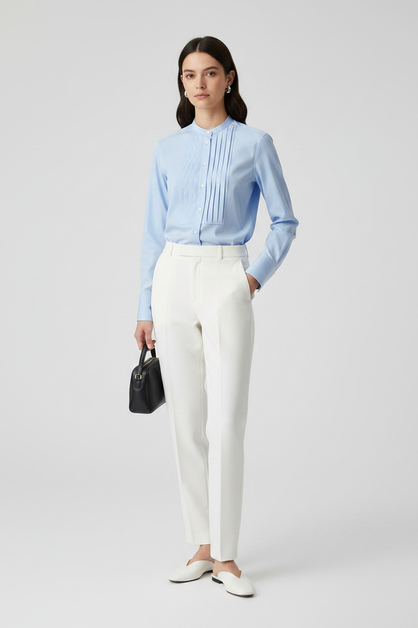 Fendi Blue Cotton Poplin Dress Shirt Doppio Punto Embroidery AW26