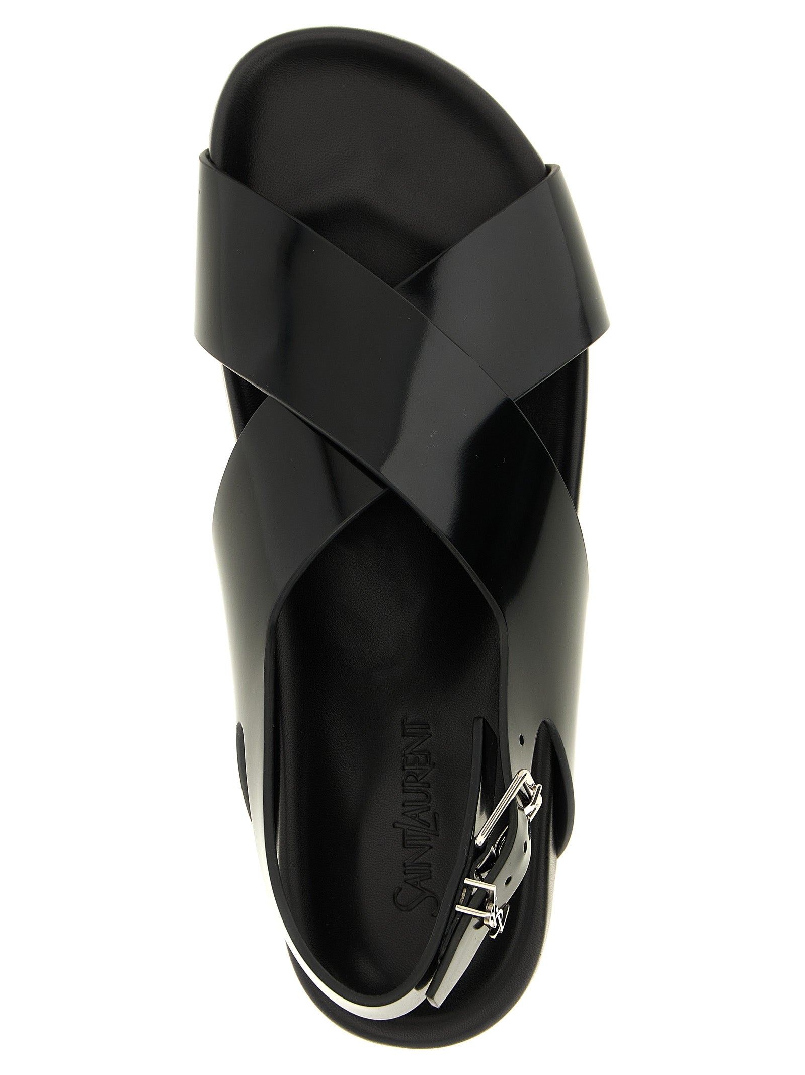 Saint Laurent Helios Black Calfskin Flat Sandals Cassandre Slingback