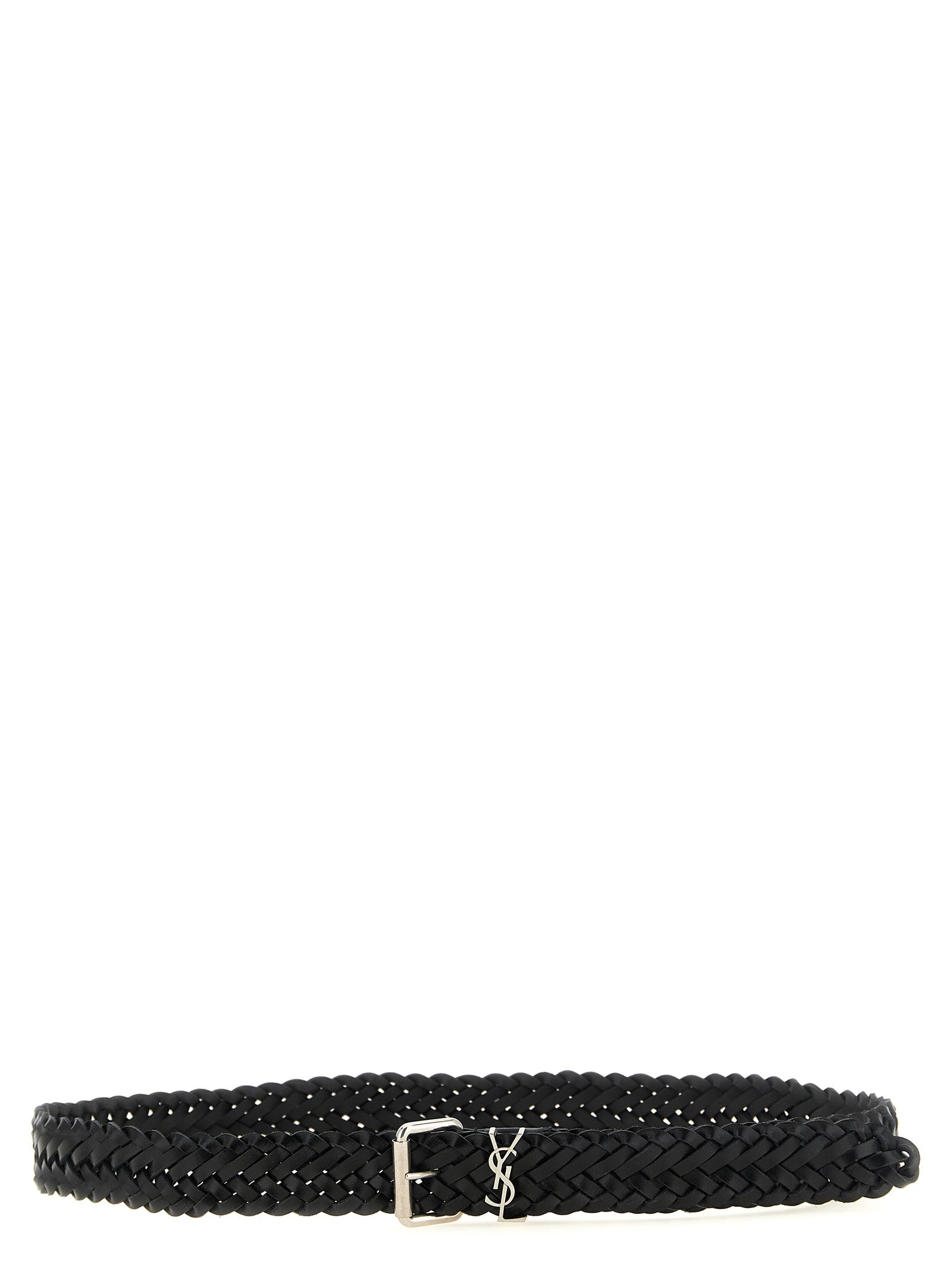Saint Laurent Black Braided Calfskin Belt Cassandre Logo Men