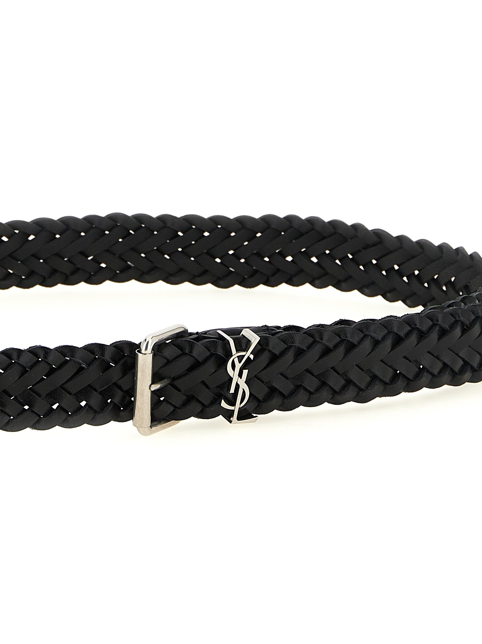 Saint Laurent Black Braided Calfskin Belt Cassandre Logo Men