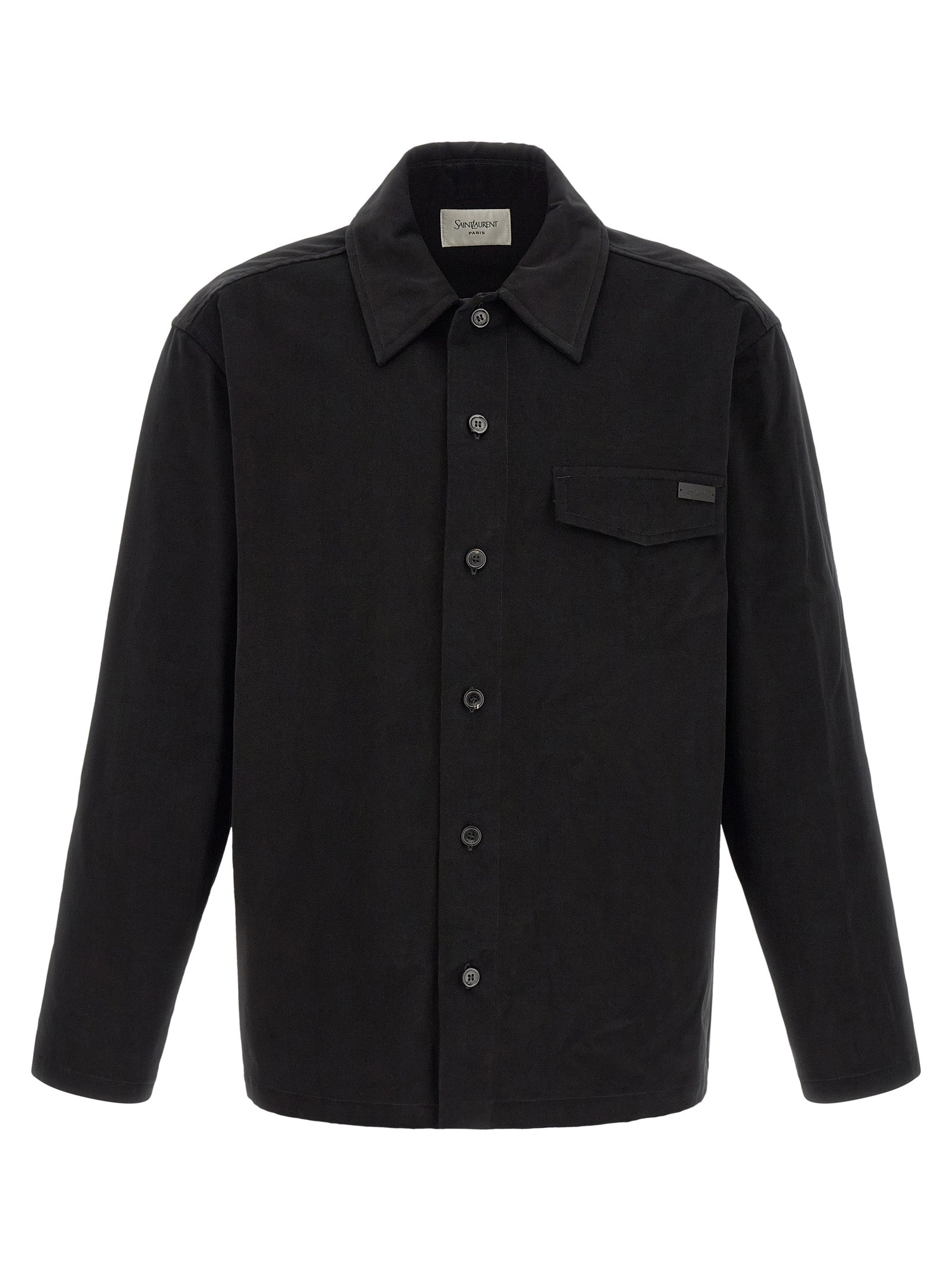 Saint Laurent Black Cotton Overshirt Leather Logo Tab Men