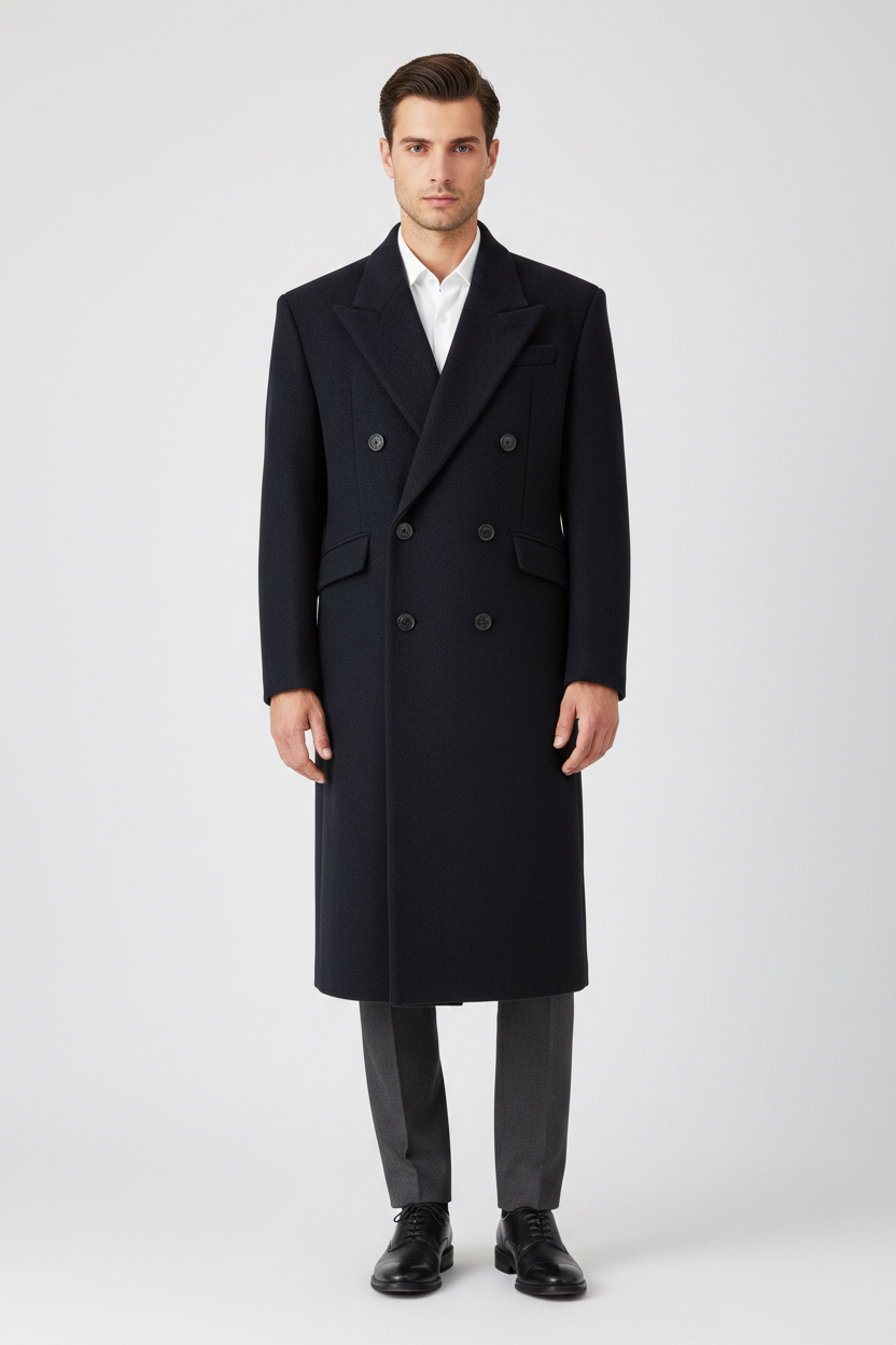Saint Laurent Navy Blue Virgin Wool Double-Breasted Long Coat Men