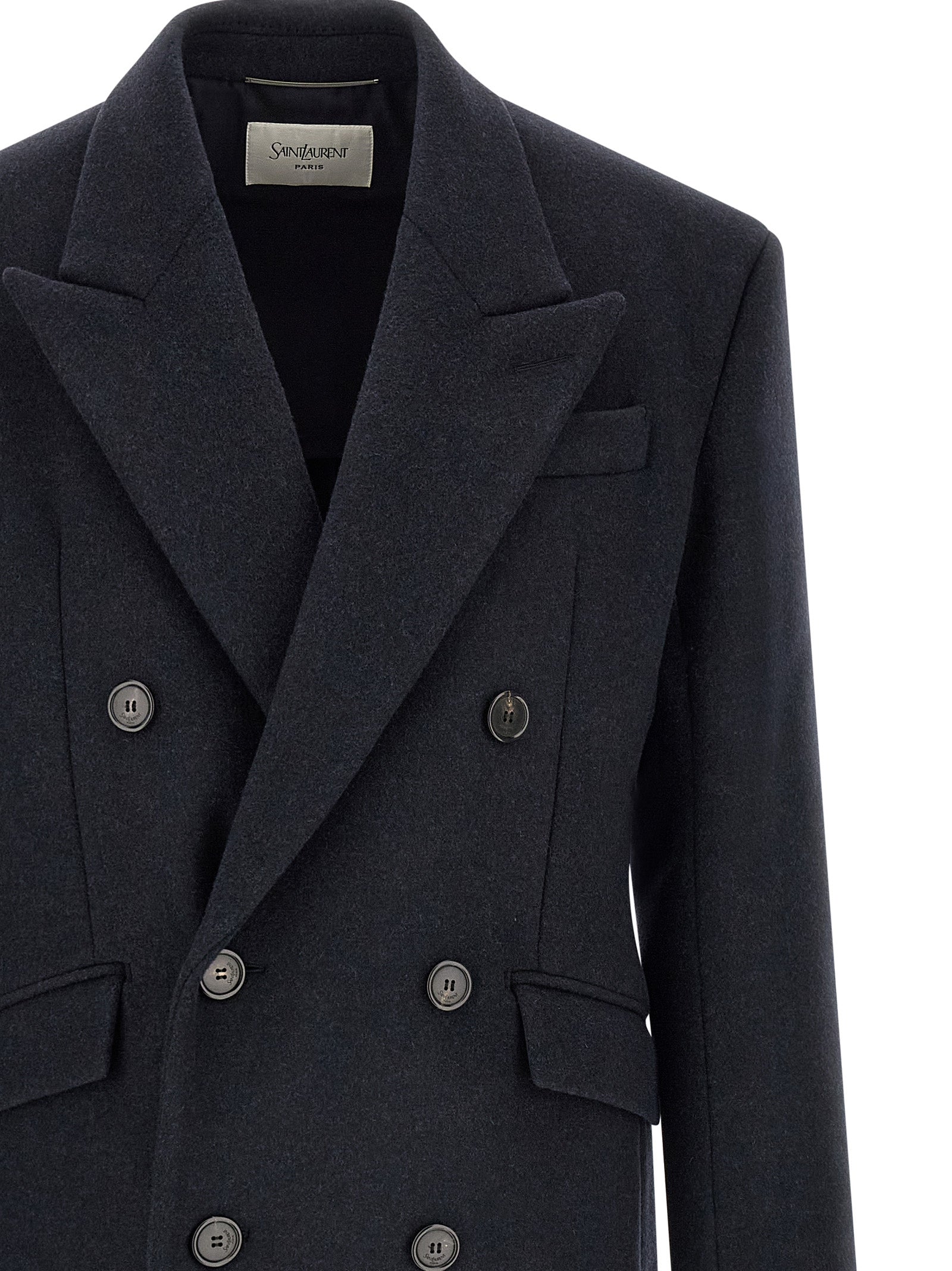 Saint Laurent Navy Blue Virgin Wool Double-Breasted Long Coat Men
