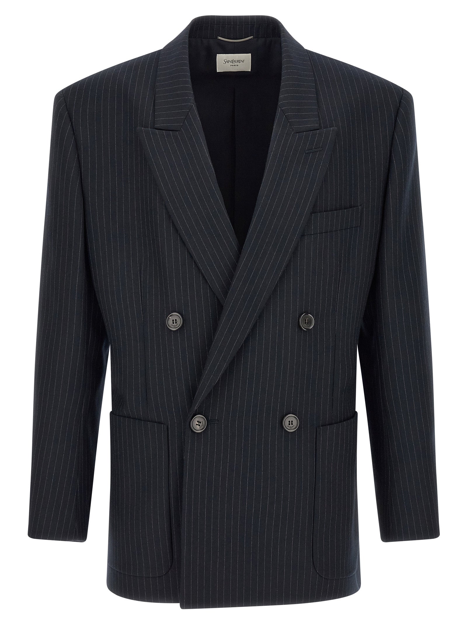 Saint Laurent Navy Blue Virgin Wool Gabardine Pinstripe Blazer Peak Lapels Patch Pockets Silk Lining Men