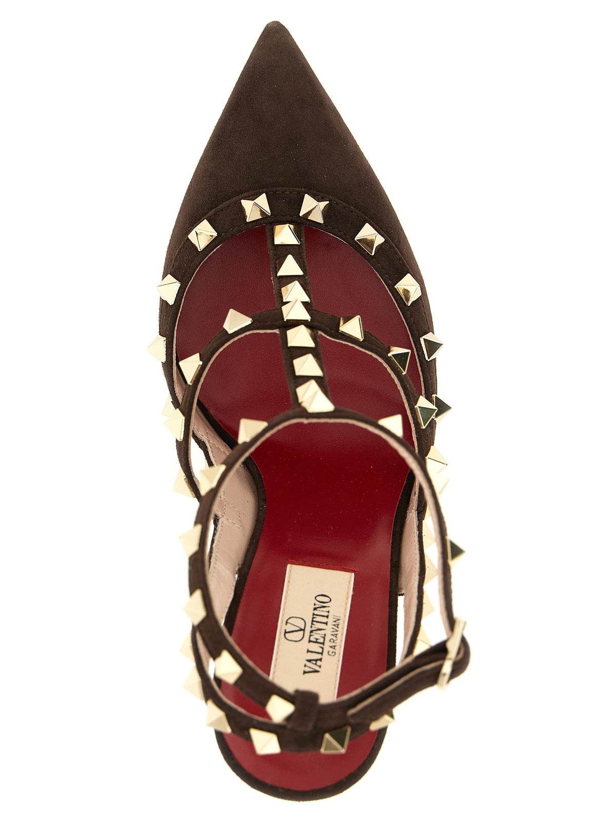 Valentino Garavani Brown Calfskin Rockstud T-Strap Pumps