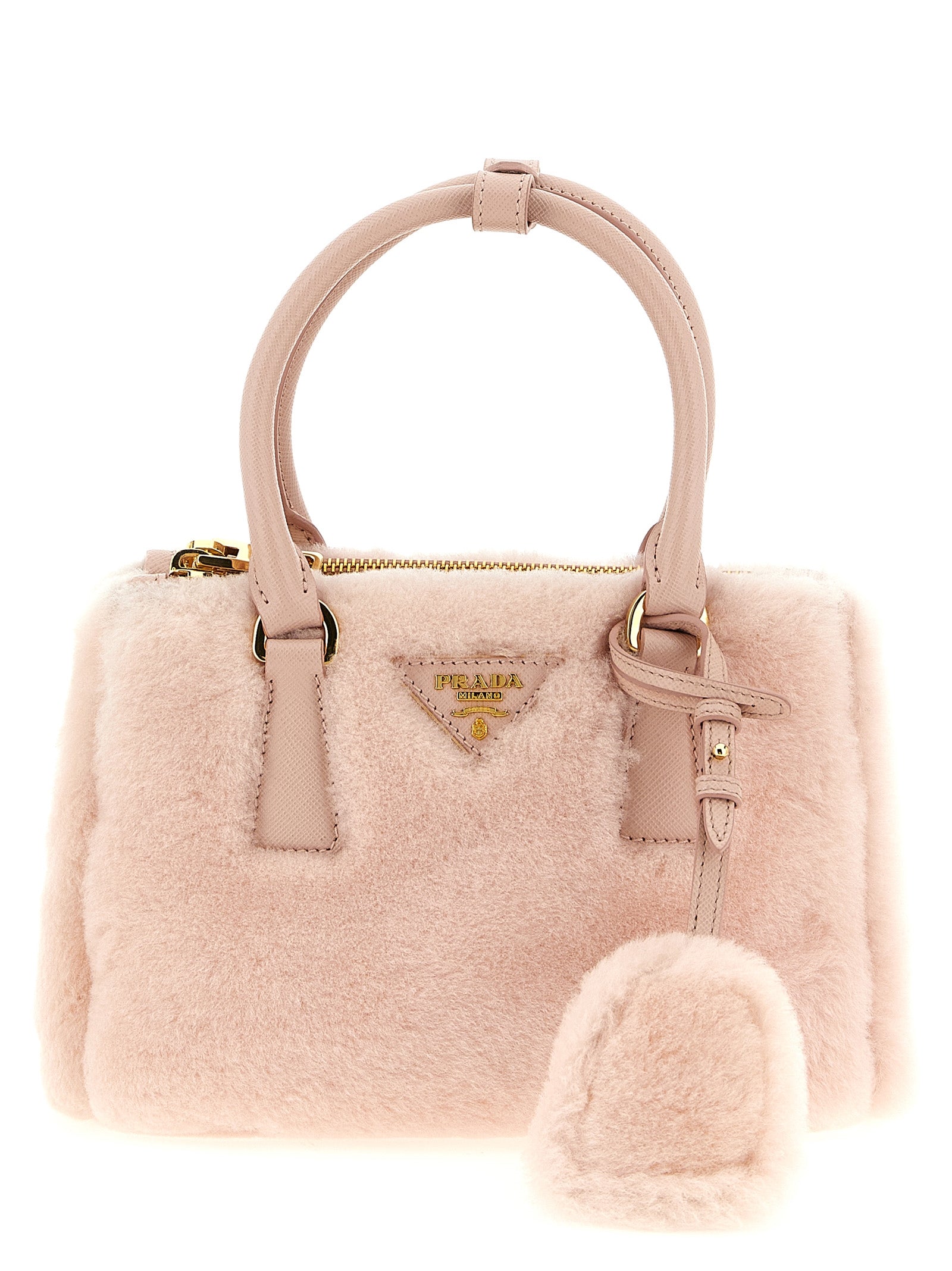 Prada Galleria Mini Shearling Lamb Fur Handbag in Pink | Made in Italy