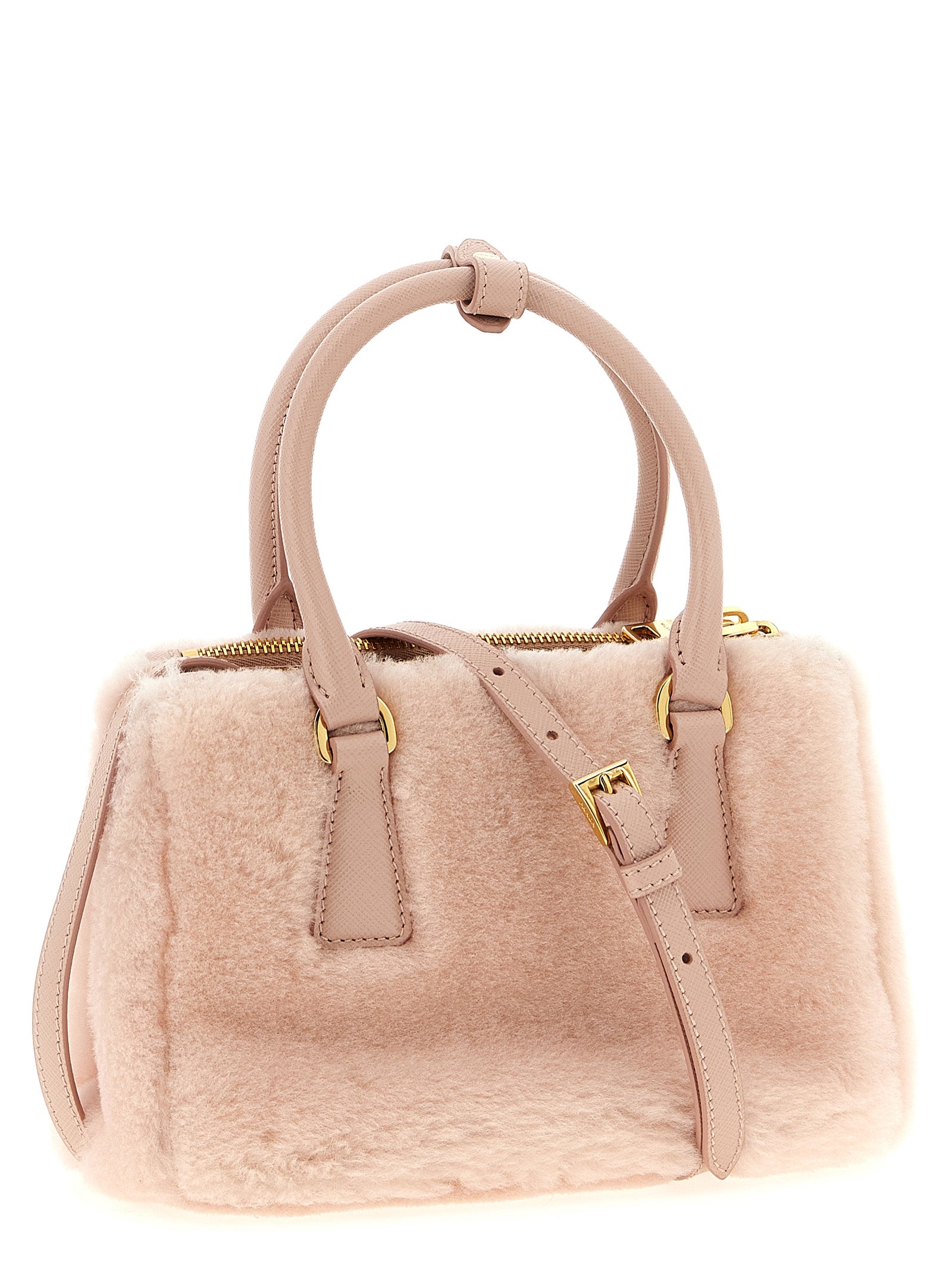Prada Galleria Mini Shearling Lamb Fur Handbag in Pink | Made in Italy